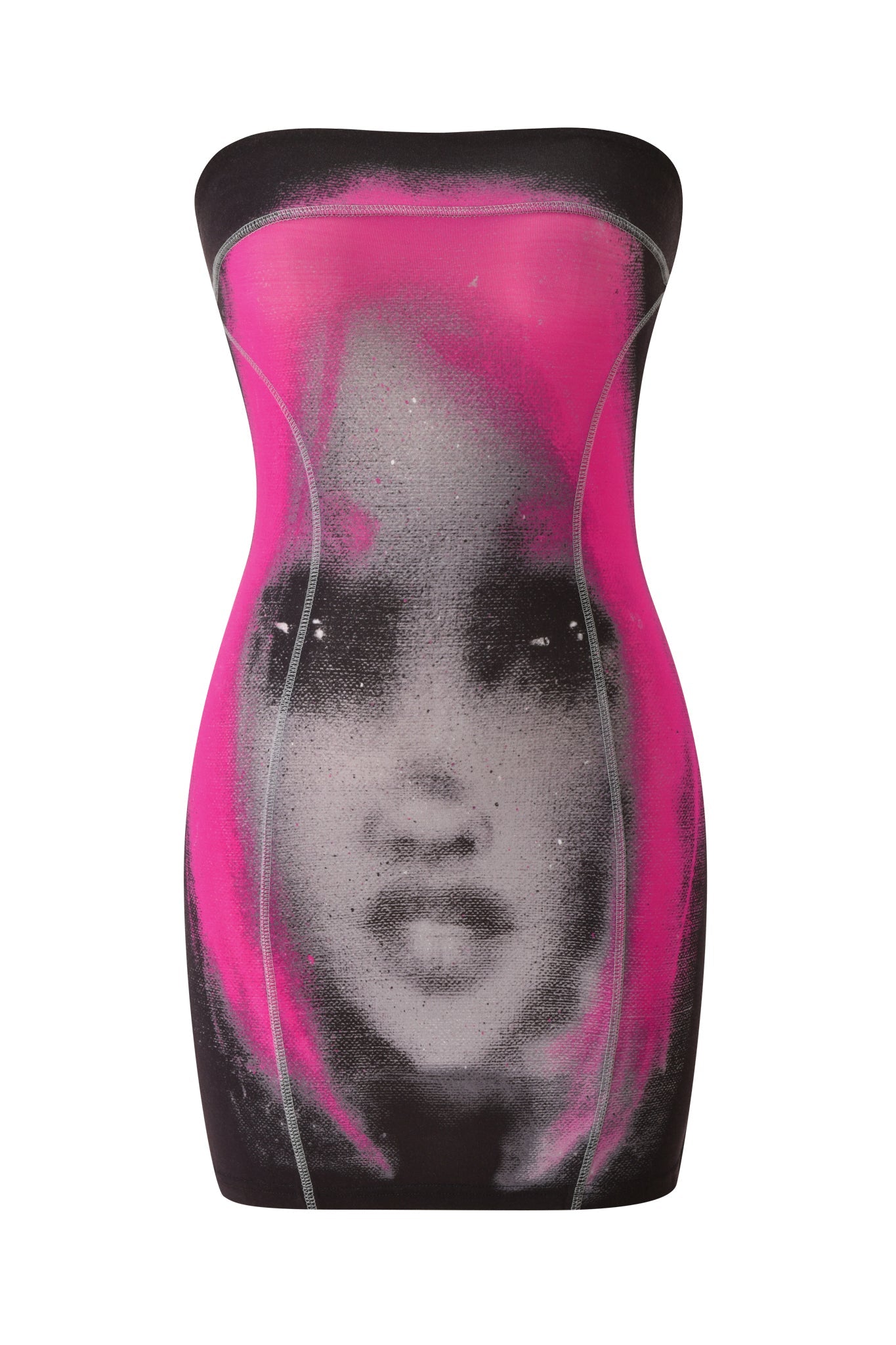 The T-REX BLARE BOOB TUBE MINI DRESS by I.AM.GIA is a bold bodycon mini dress featuring a strapless silhouette and an eye-catching airbrushed graphic of a large face with pink hair and dark eyes on the front.