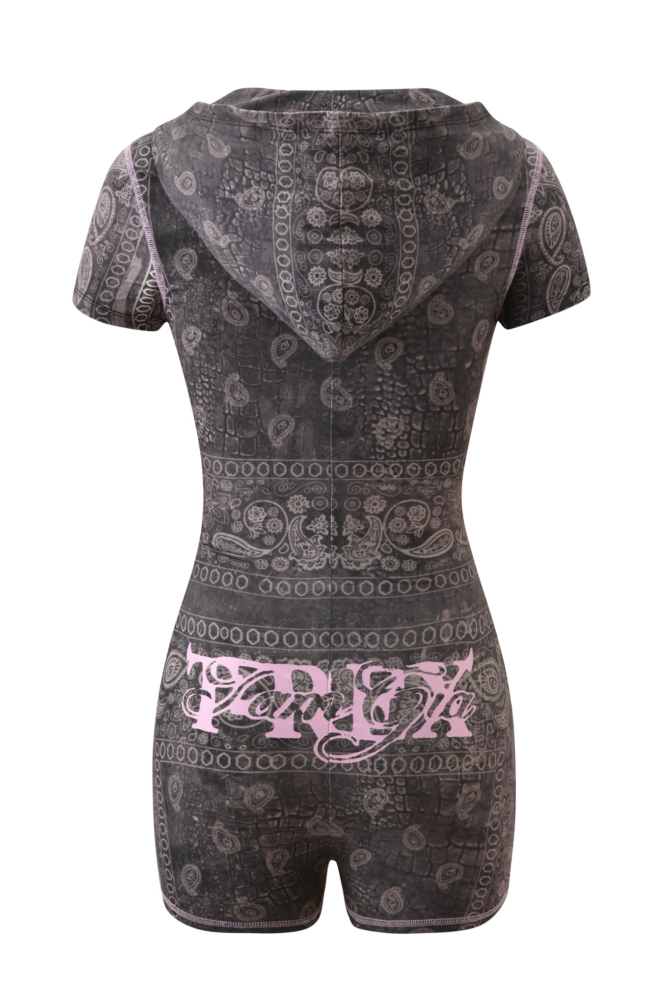 Back view of the T-REX BLARE SHORT SLEEVE ROMPER in Charcoal Bandana by I.AM.GIA—a short-sleeved, charcoal gray romper with a hood, showcasing an exclusive dark paisley pattern and stylized pink script across the lower back, designed as a bold festival statement piece.