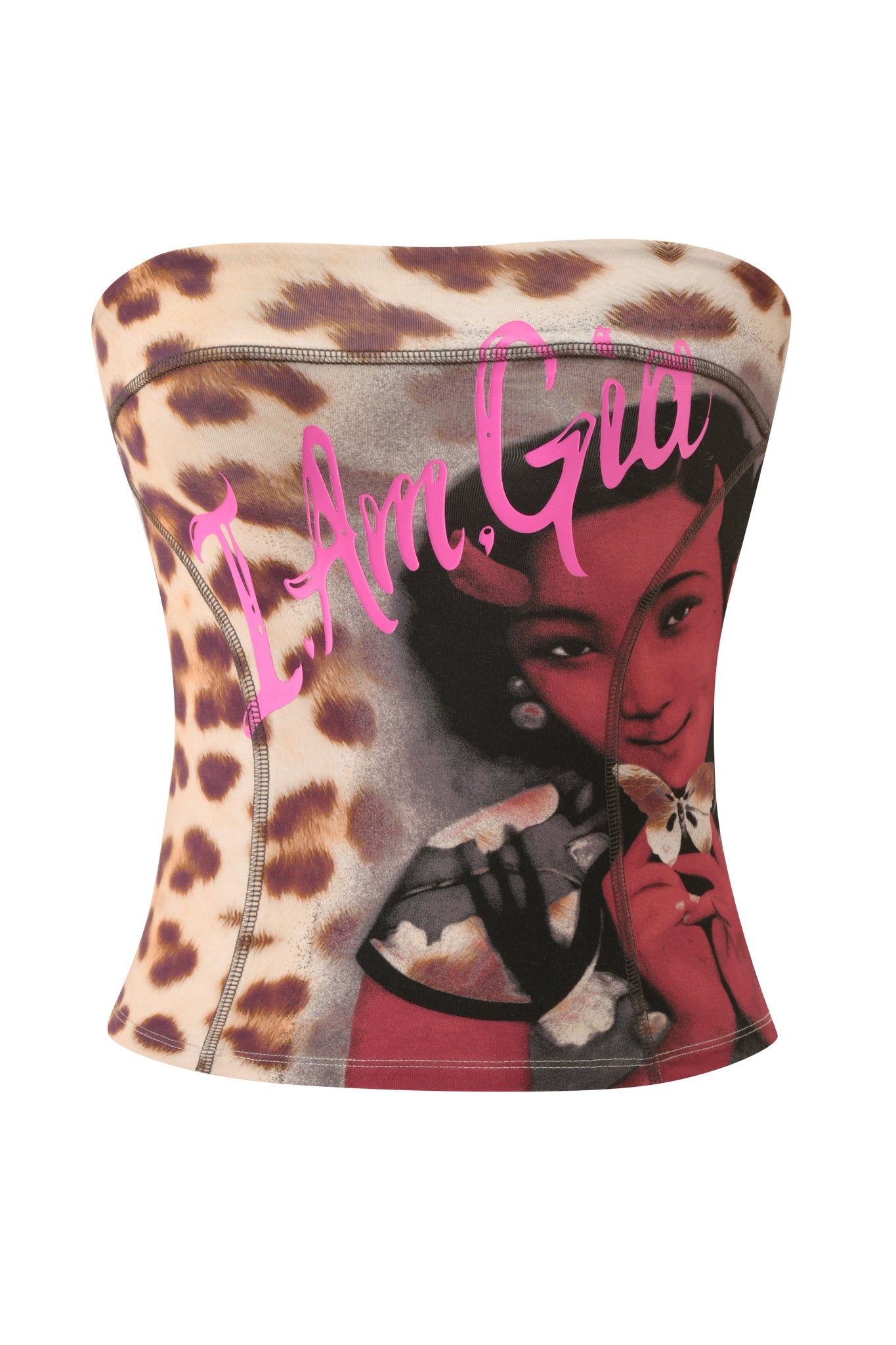 Make a statement at your next festival with the T-REX BLARE BOOB TUBE - WILD CARD by I.AM.GIA—a strapless cheetah print crop top featuring a stylized image of a woman holding a fan, finished with bold pink "I Am Gia" script across the chest.