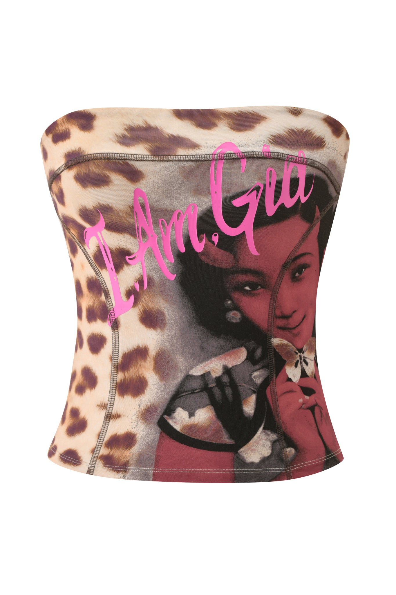 Introducing the T-REX BLARE BOOB TUBE - WILD CARD by I.AM.GIA, a strapless cheetah print festival crop top featuring a vintage-inspired image of a woman holding a butterfly, finished with the bold pink "I.AM.GIA" script across the chest.