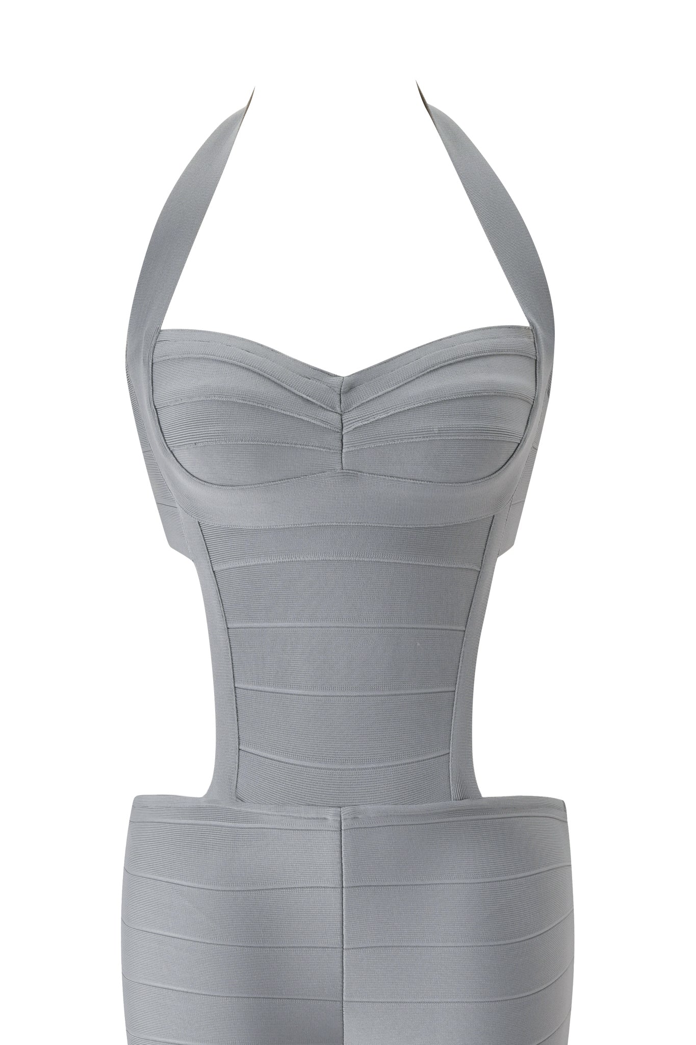 The I.AM.GIA EVA BANDAGE CAPRI JUMPSUIT in grey is displayed on a white background, featuring a halter neck, fitted construction, capri-length pants, and horizontal panel detailing for a sleek, catsuit-inspired look.