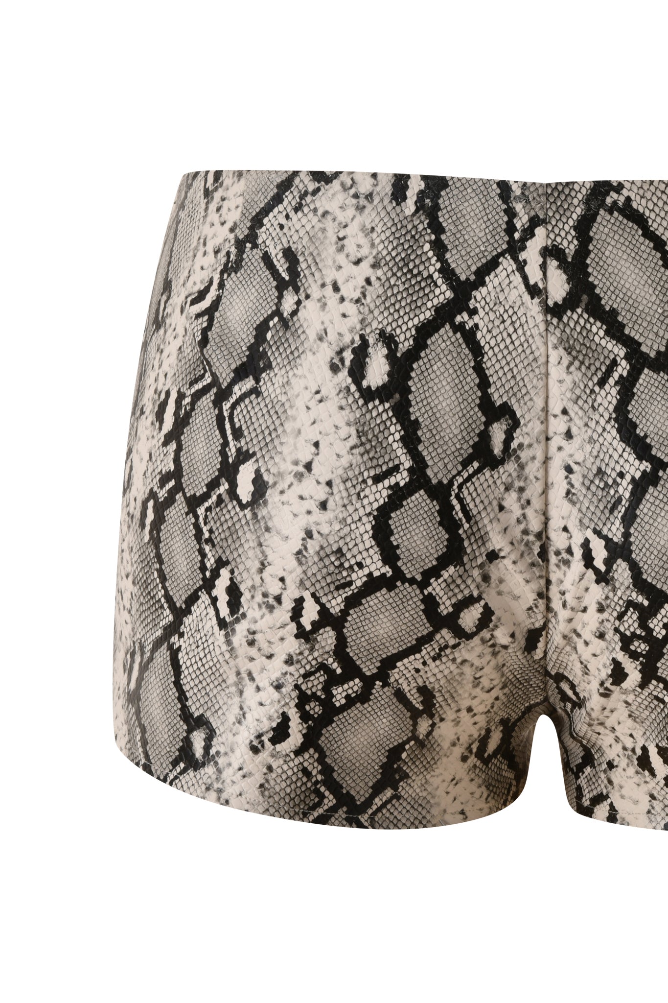 A close-up of the I.AM.GIA ALLEGRA HOT SHORT in Cream Snake, a high-waisted going-out short with a black and beige snakeskin print, displayed against a white background.