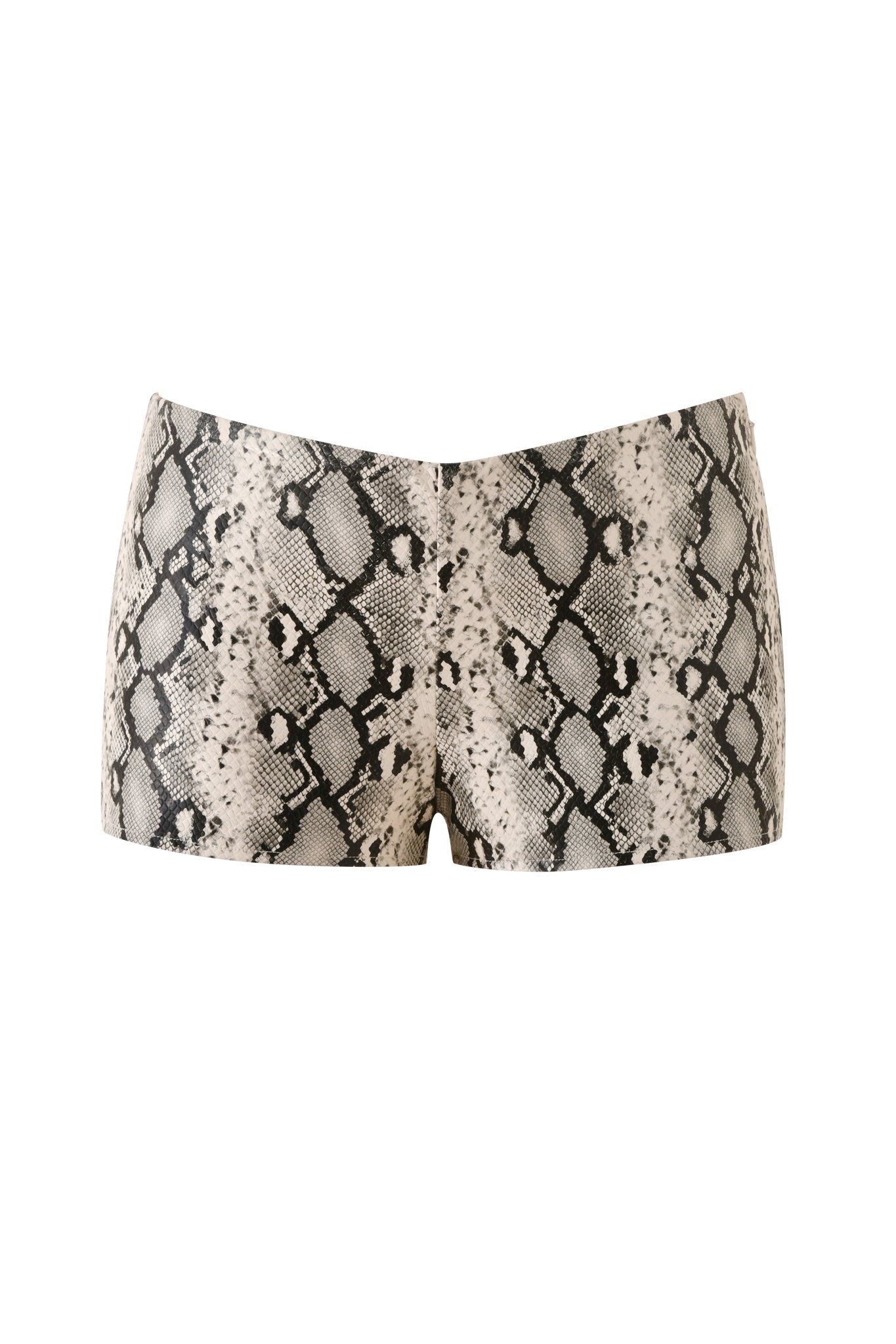 The ALLEGRA HOT SHORT - CREAM SNAKE by I.AM.GIA features a striking snake print in cream tones with a fitted, high-waisted silhouette, bringing bold sophistication to your look. These women’s faux leather mini shorts are perfect for stylish nights out and are showcased here against a white background.