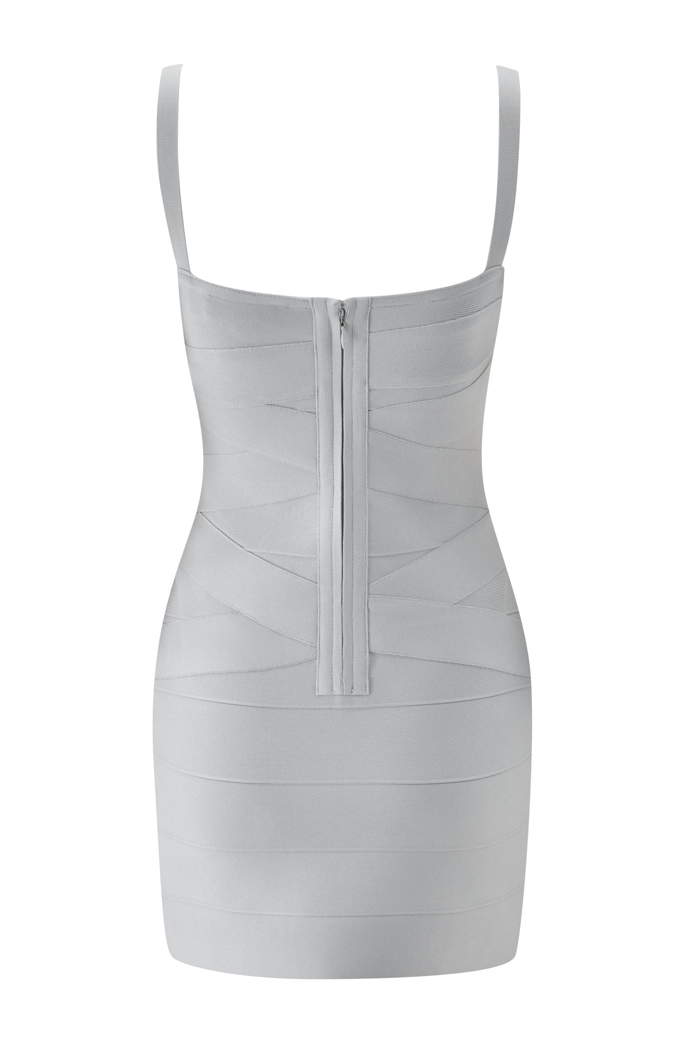 Back view of the RAYE BANDAGE LACE MINI DRESS in grey by I.AM.GIA, a sleeveless, form-fitting mini dress featuring wide shoulder straps, a visible center-back zipper, and a layered bodycon silhouette for a sleek and modern look.