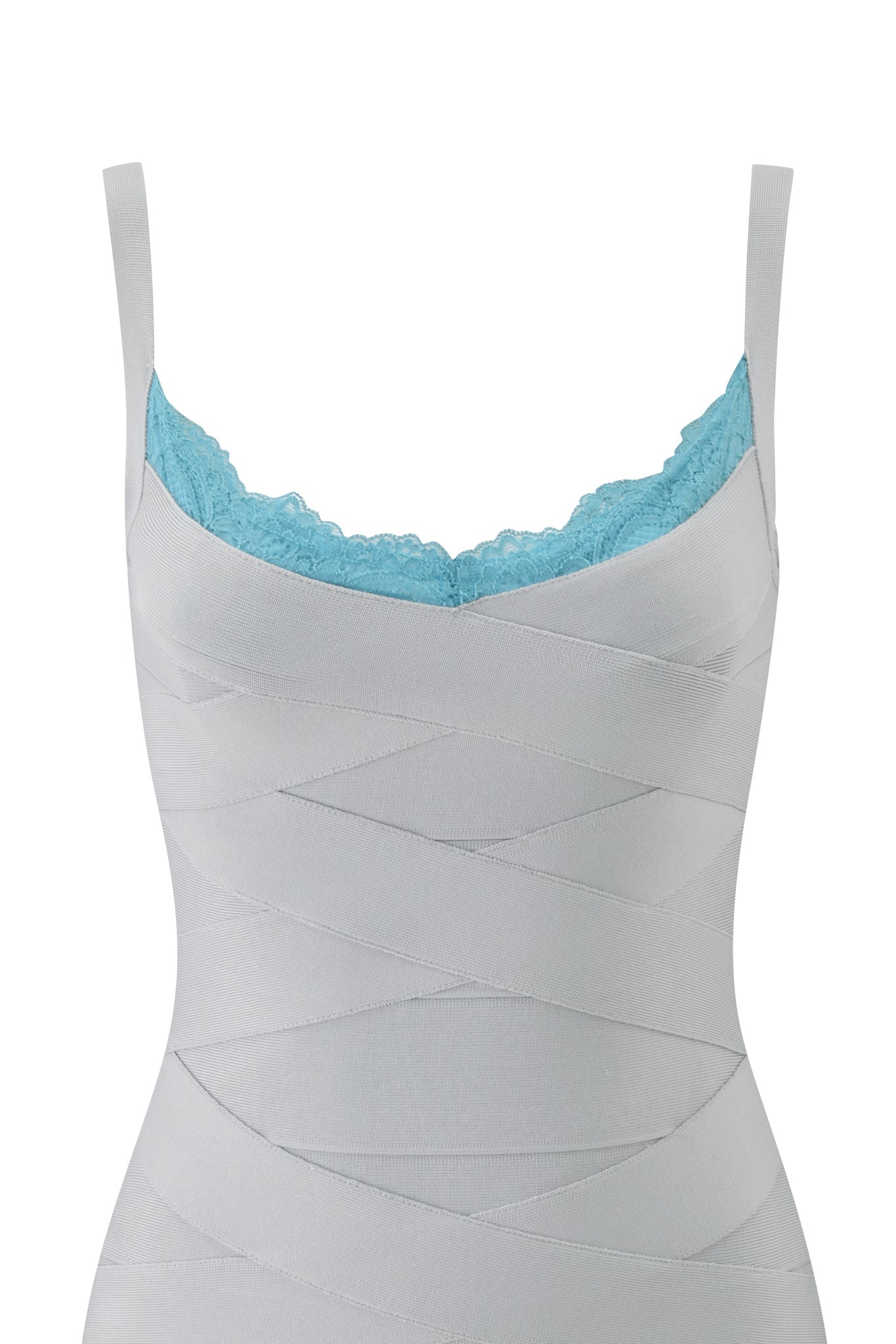 A close-up of the RAYE BANDAGE LACE MINI DRESS in grey by I.AM.GIA, featuring a sleeveless design with a wrapped pattern and neon blue lace trim at the neckline, and a flattering bodycon silhouette, shown on a white background.