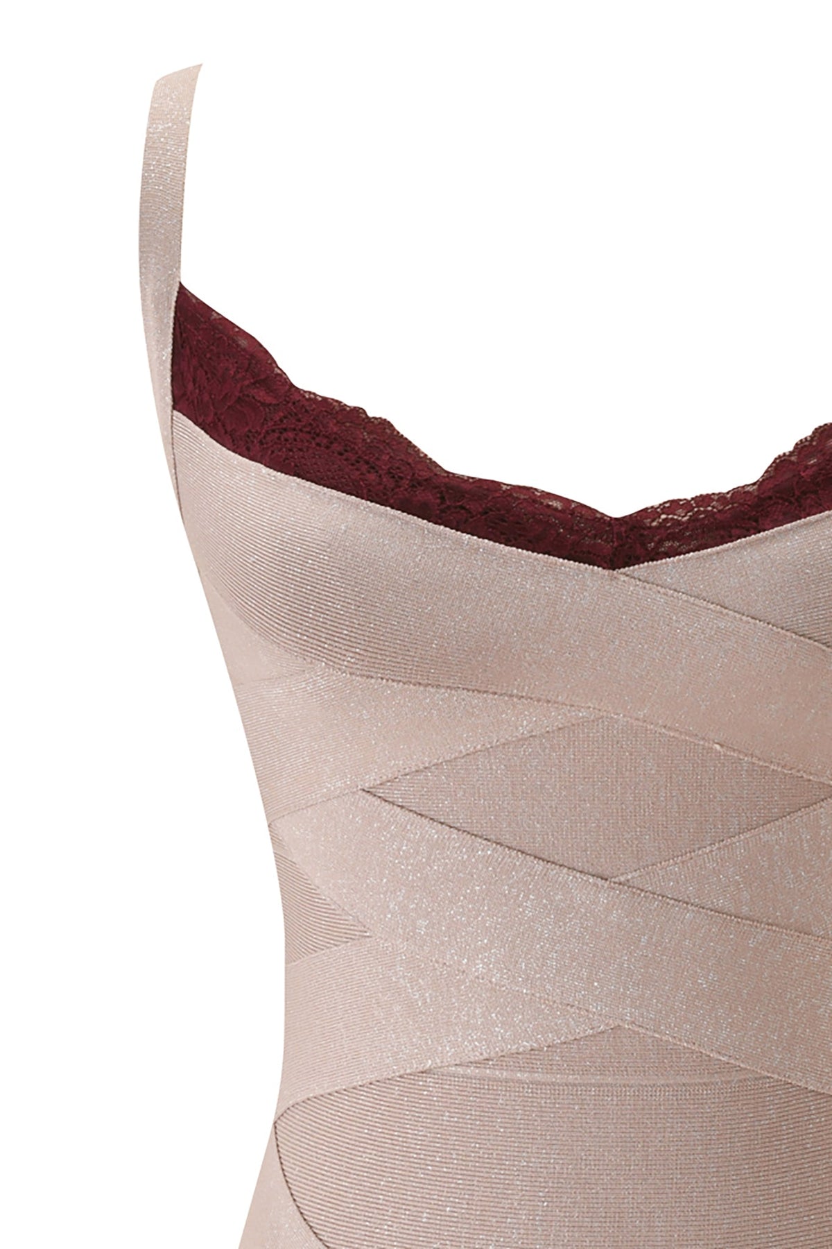 I.AM.GIA RAYE SHIMMER BANDAGE LACE MINI DRESS - NEUTRAL SHIMMER: a shimmering nude bandage mini dress in a bodycon fit with a dark red lace neckline.