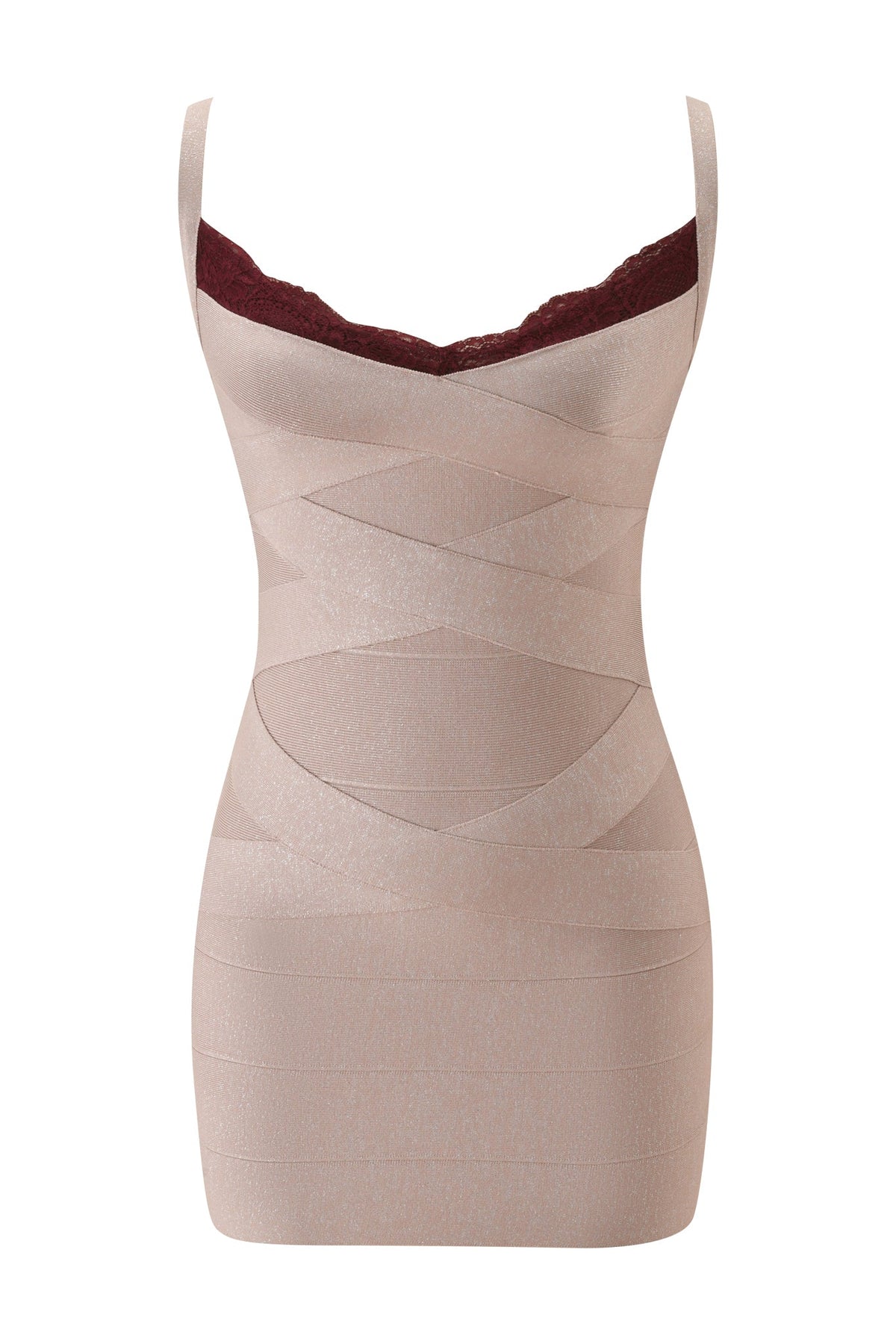 I.AM.GIA RAYE SHIMMER BANDAGE LACE MINI DRESS - NEUTRAL SHIMMER: a beige shimmer bandage mini dress with a burgundy lace neckline.