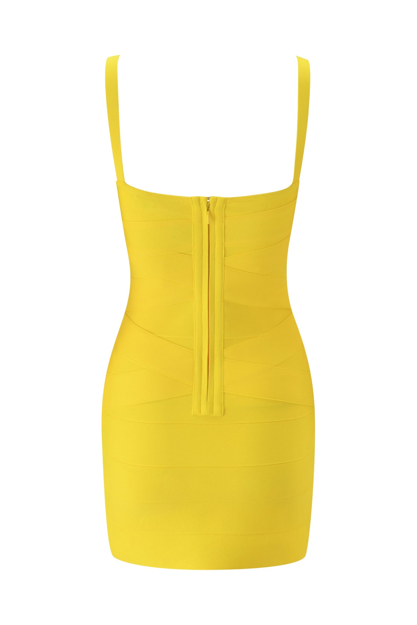 Introducing the RAYE BANDAGE LACE MINI DRESS - YELLOW PINK by I.AM.GIA: This striking mini dress features a bold yellow hue and a classic bodycon silhouette, crafted from smooth, stretchy fabric for a perfectly fitted look. Sleeveless in design, it showcases a visible zipper running down the back and is accented with a hot pink lace trim for an unexpected pop of color.