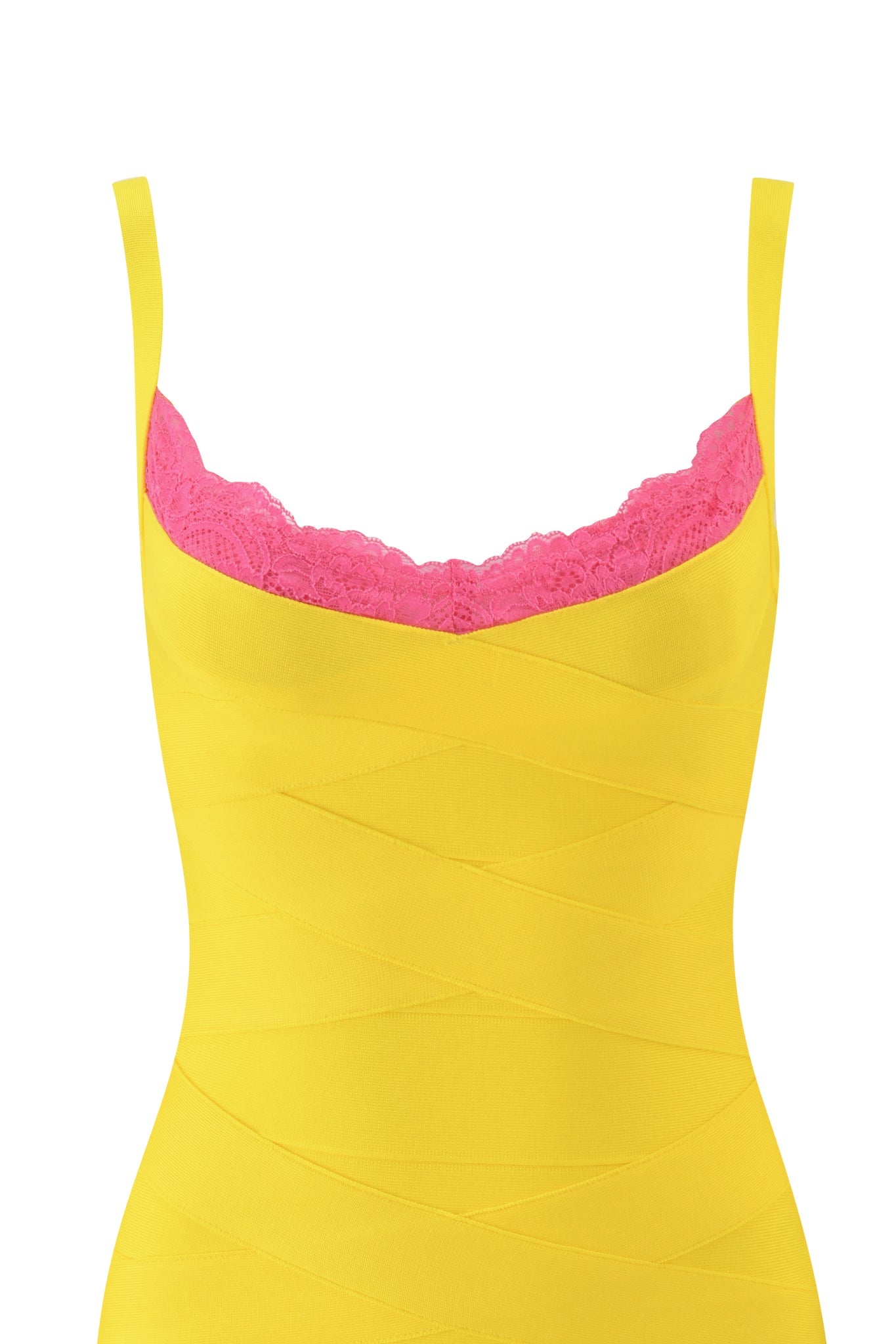 The RAYE BANDAGE LACE MINI DRESS - YELLOW PINK by I.AM.GIA is a yellow mini dress with a crisscross bandage design and thin straps, featuring a visible hot pink lace trim at the neckline, shown against a white background.