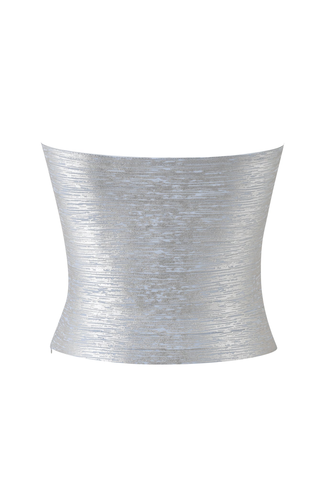 The KHIA BANDAGE BOOB TUBE - METALLIC BLUE by I.AM.GIA is a metallic blue, strapless bandeau top featuring a shimmering, textured surface and a subtle hourglass silhouette in a flattering bodycon fit, shown against a white background.