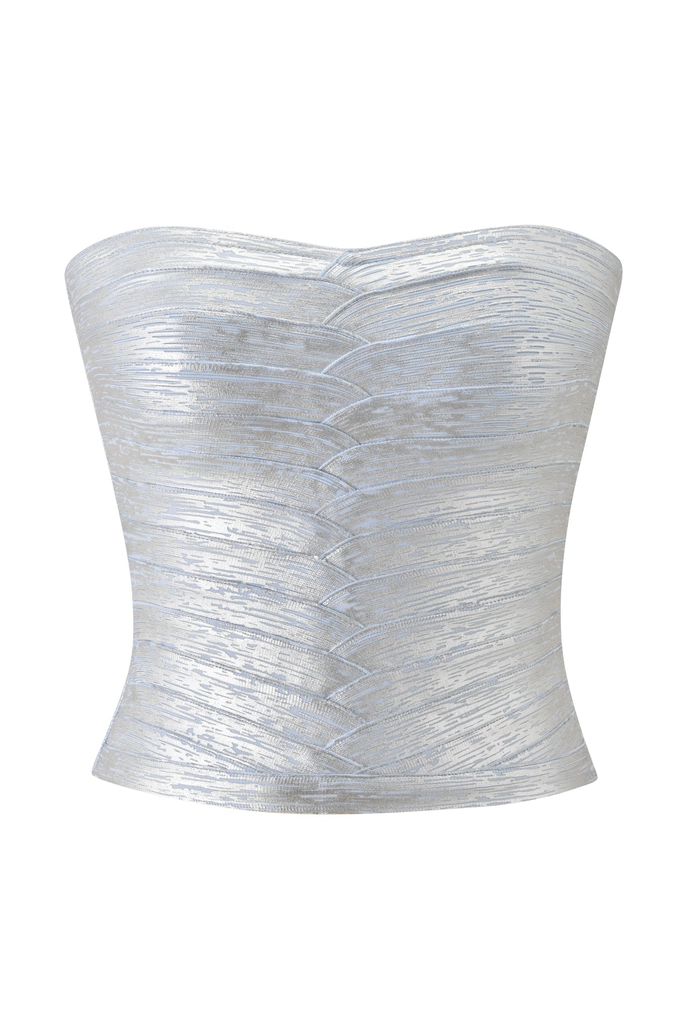 The KHIA BANDAGE BOOB TUBE by I.AM.GIA is a strapless, metallic blue corset-style top featuring subtle horizontal and diagonal textured lines. Designed with a bodycon fit and a slight flare at the hips, it offers a structured, fitted silhouette.