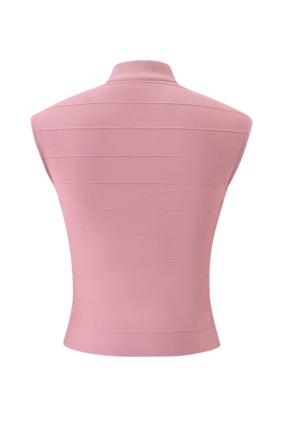 The I.AM.GIA ISELA BANDAGE TOP in Dusty Rose is a sleeveless, bodycon-fit top showcased from the back. It features a high collar and horizontal seam detailing, offering a smooth, structured look inspired by the classic bandage style.