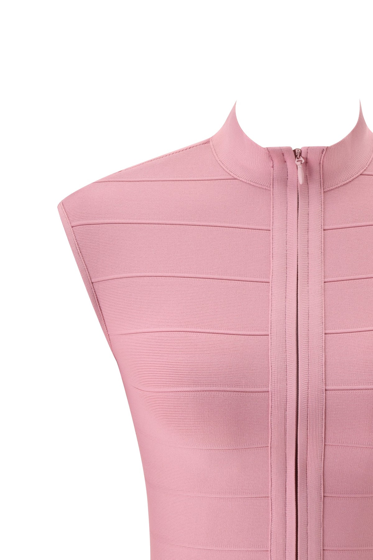 Close-up of the I.AM.GIA ISELA BANDAGE TOP in dusty rose, featuring a sleeveless, ribbed design with a high neckline and front zipper. The image showcases only the upper section of this bodycon-fit top against a plain white background.