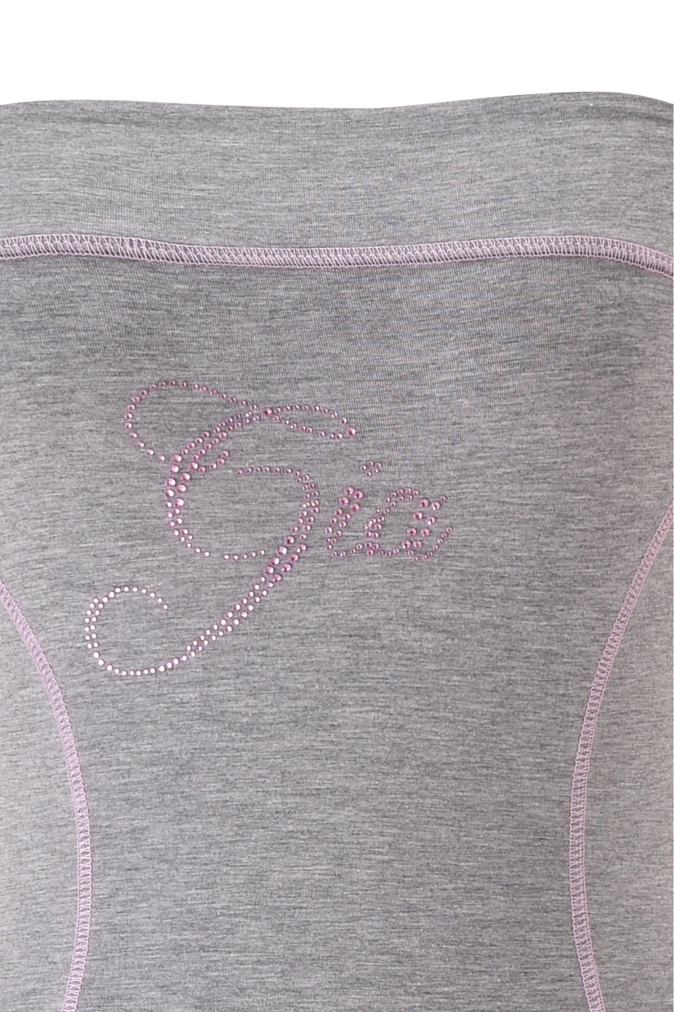 A close-up of the BLARE TUBE MINI DRESS - HEATHER GREY by I.AM.GIA showcases soft heather grey bamboo fabric adorned with pink rhinestones that spell “Gia” in cursive. Light purple stitching accents the edges and seams for an added touch of detail.