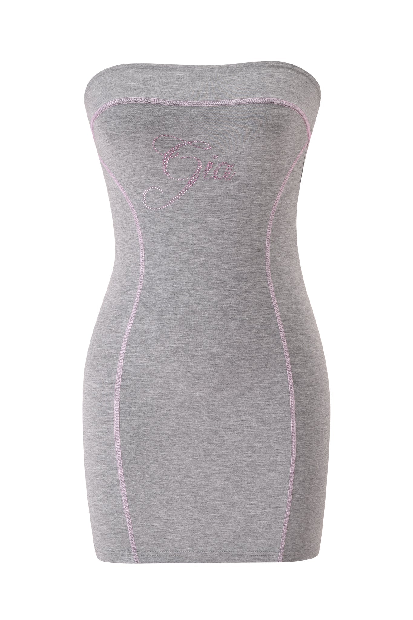 The BLARE TUBE MINI DRESS by I.AM.GIA is a strapless, heather grey bodycon mini dress featuring light pink seams and “Gia” spelled out in pink rhinestones across the chest.