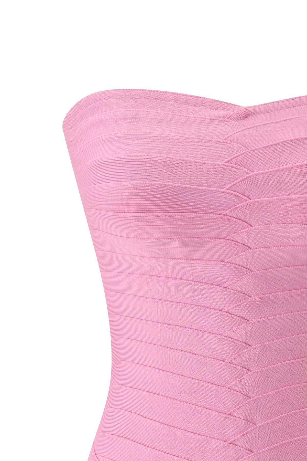 Close-up of the KHIA BANDAGE TUBE MINI DRESS by I.AM.GIA in Bubble Gum Pink, showcasing a strapless, form-fitting mini silhouette with bandage knit construction, horizontal paneling, and zigzag stitching details.