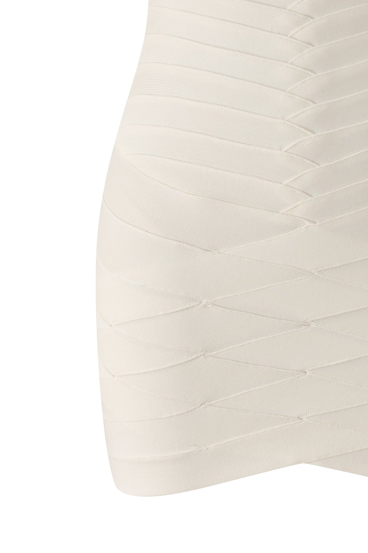 Close-up of a cream-colored, textured fabric with horizontal, overlapping bands forming a fitted, geometric pattern—typical of the KHIA BANDAGE TUBE MINI DRESS in white by I.AM.GIA.