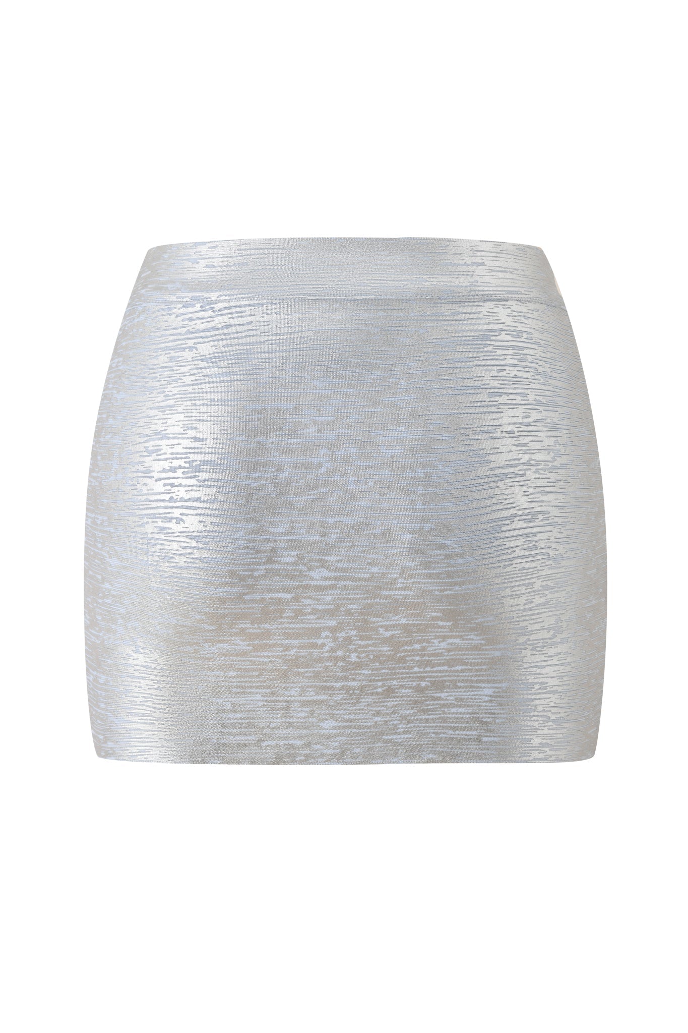 The I.AM.GIA Isela Platinum Bandage Mini Skirt in metallic blue features a fitted waistband, a subtle textured design, and a sleek, bodycon silhouette that highlights your figure.