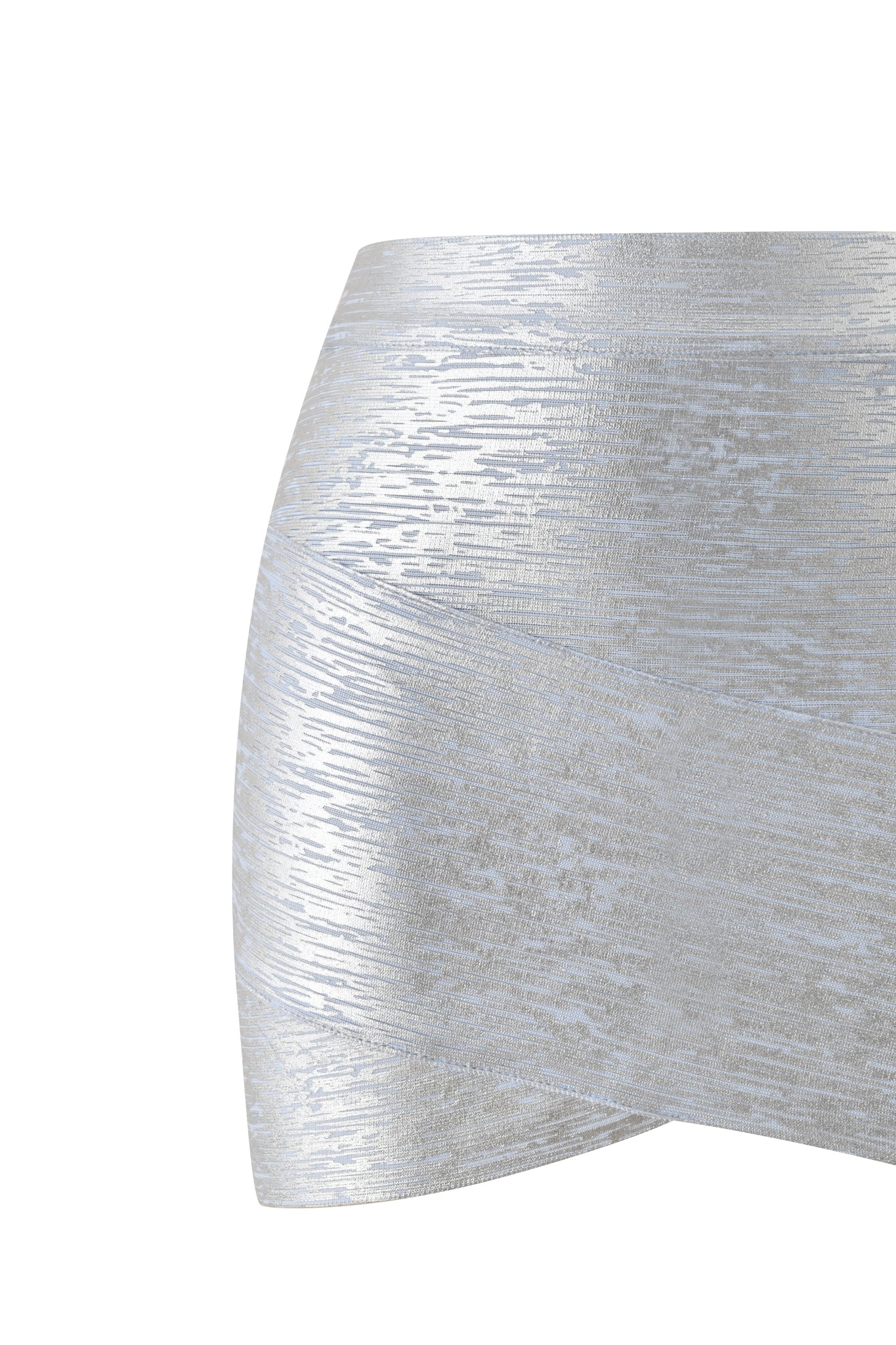 The I.AM.GIA ISELA PLATINUM BANDAGE MINI SKIRT in metallic blue features a shiny, silver-blue finish with a textured, diagonal striped pattern and a bodycon fit; displayed against a white background with only the lower half of the skirt visible.