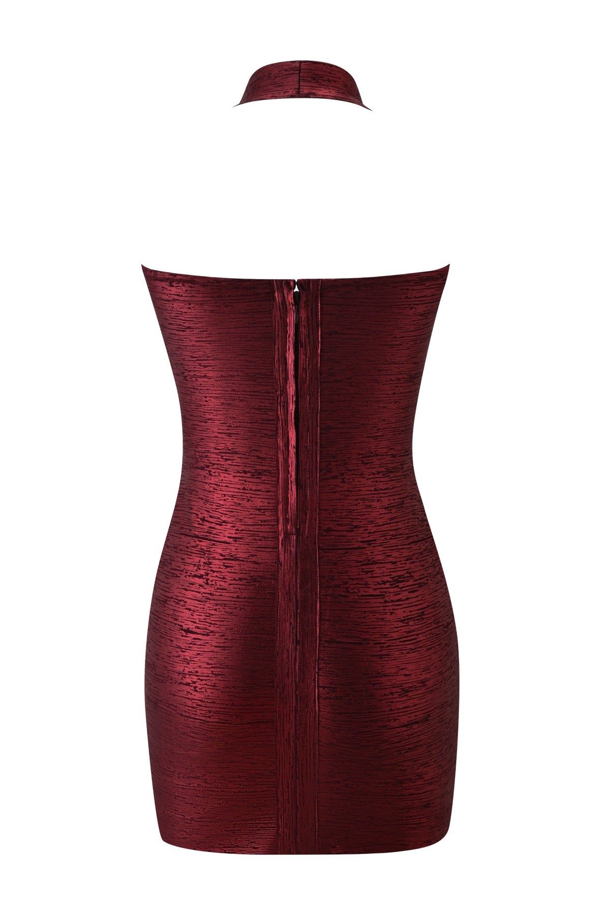 Back view of the SASHYA BANDAGE MINI DRESS - METALLIC CRIMSON, a metallic red mini dress featuring a halter strap and a center back zipper.