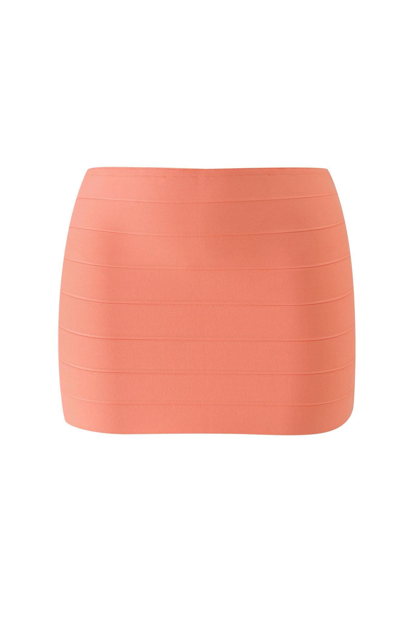 The AIDEN BANDAGE MINI SKIRT by I.AM.GIA is a neon peach, high-waisted bandage knit mini skirt featuring horizontal banding detail, shown against a white background.