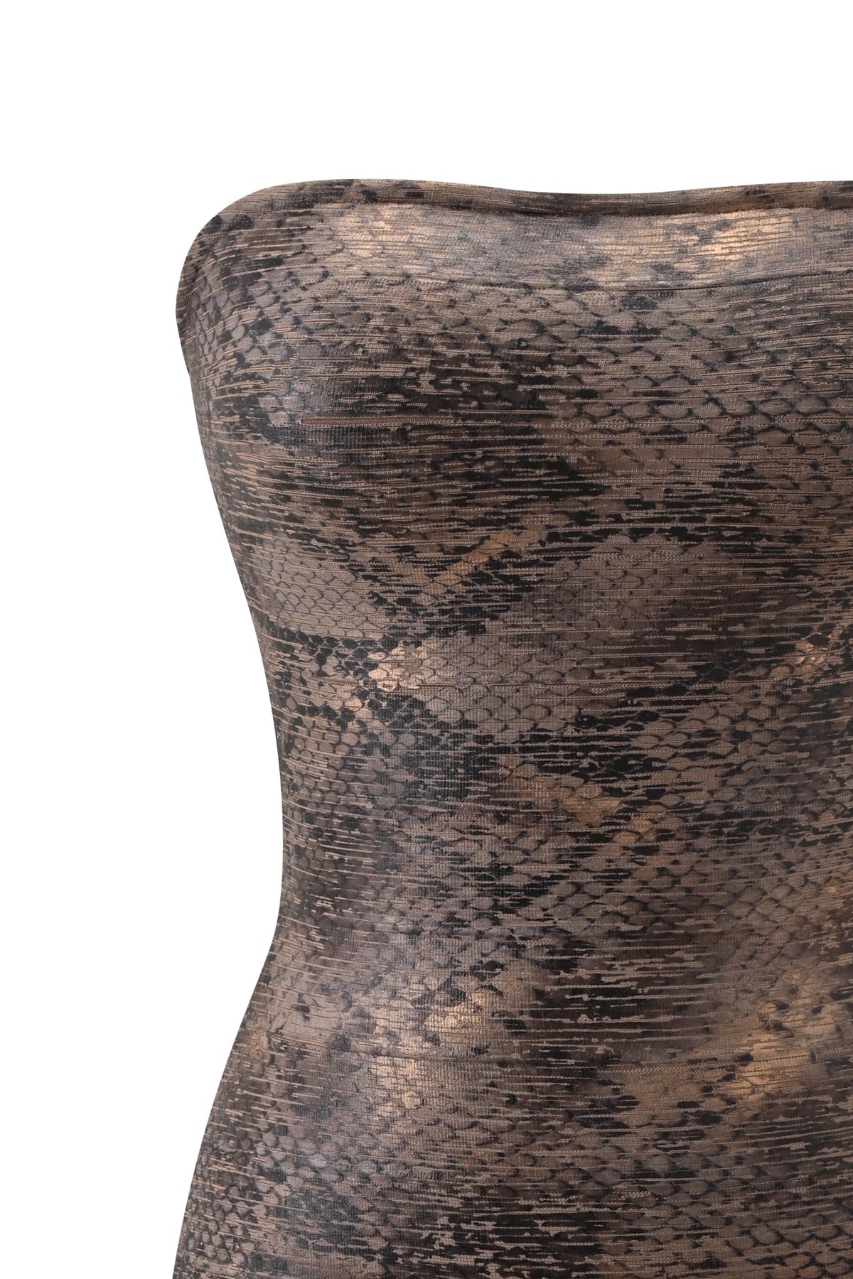 A close-up of the I.AM.GIA NIKA REPTILE BANDAGE MINI DRESS in Bronze Python highlights its strapless, bodycon fit and brown and black snakeskin pattern against a white background.