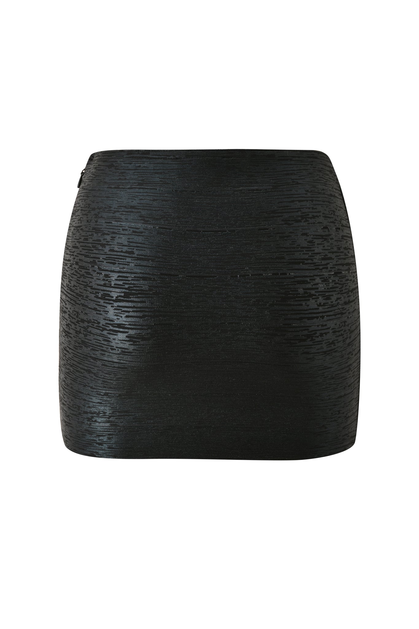 The AIDEN PLATINUM BANDAGE MINI SKIRT in black by I.AM.GIA features a metallic finish with a subtle horizontal pattern and a textured, bandage-style design, displayed against a white background.