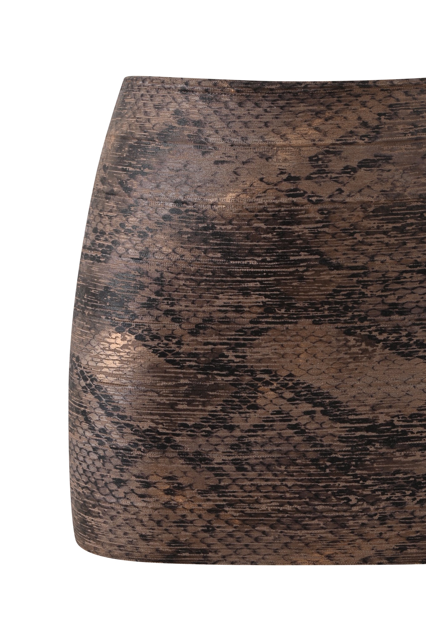 A close-up view of the AIDEN PLATINUM BANDAGE MINI SKIRT - BRONZE PYTHON by I.AM.GIA showcases its brown, black, and tan python-inspired design against a white background. The skirt’s textured, reptile-scale pattern creates a bold and exotic appearance.
