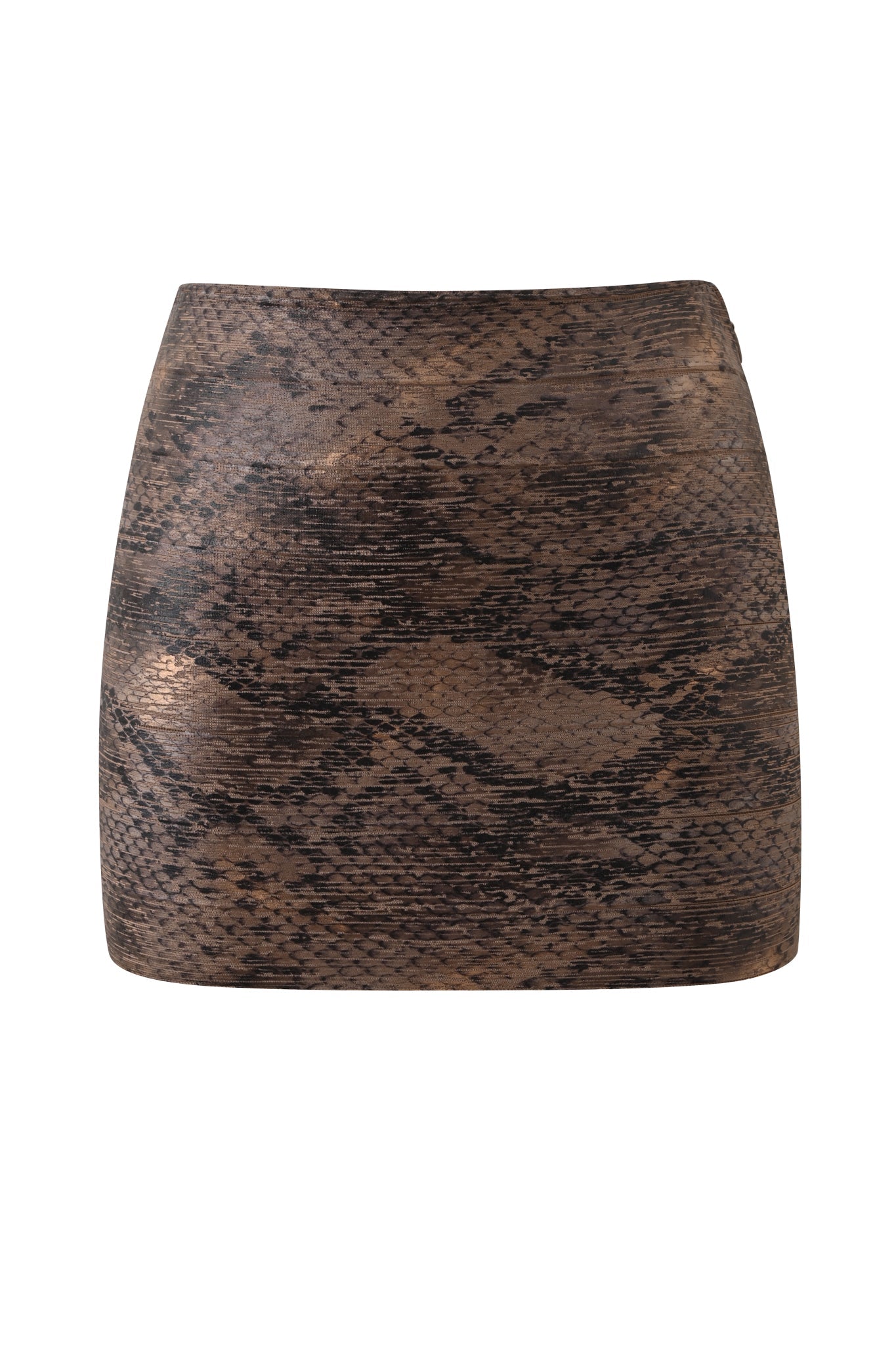 The I.AM.GIA AIDEN PLATINUM BANDAGE MINI SKIRT in Bronze Python features a fitted silhouette and a subtle black textured pattern, showcased against a white background. This chic mini skirt channels luxe snakeskin vibes for a sleek, fashion-forward look.