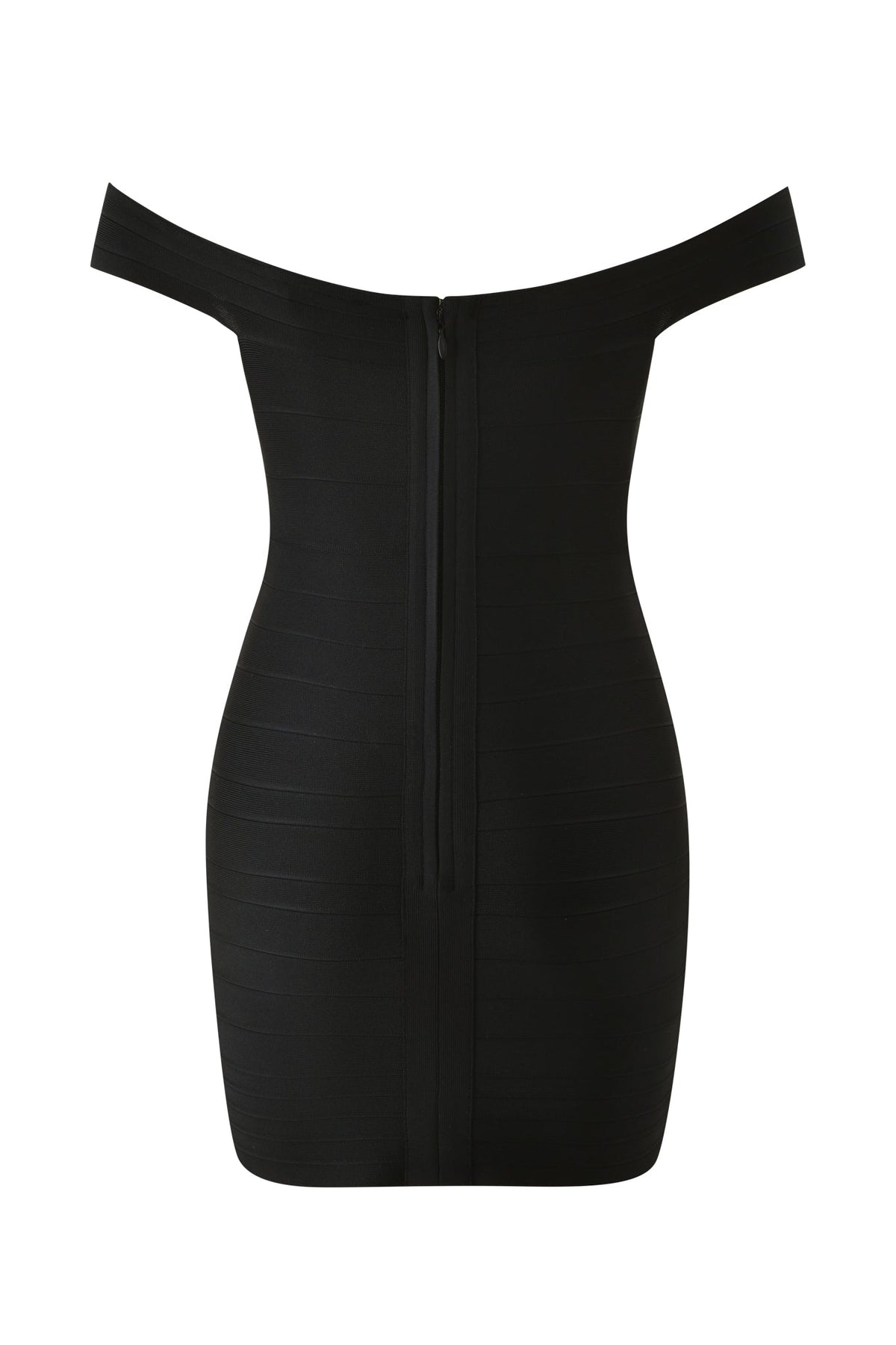 CHAR OFF SHOULDER BANDAGE MINI DRESS - BLACK, an off-the-shoulder bandage mini dress featuring a center back zipper.