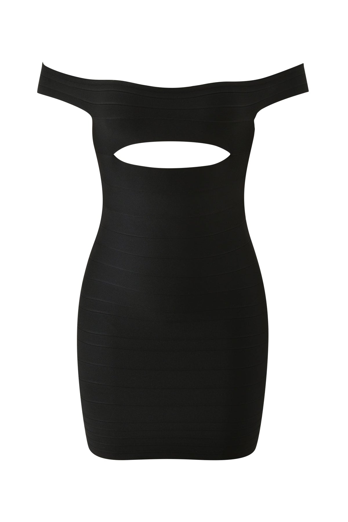 Black I.AM.GIA CHAR OFF SHOULDER BANDAGE MINI DRESS featuring a chest cutout.