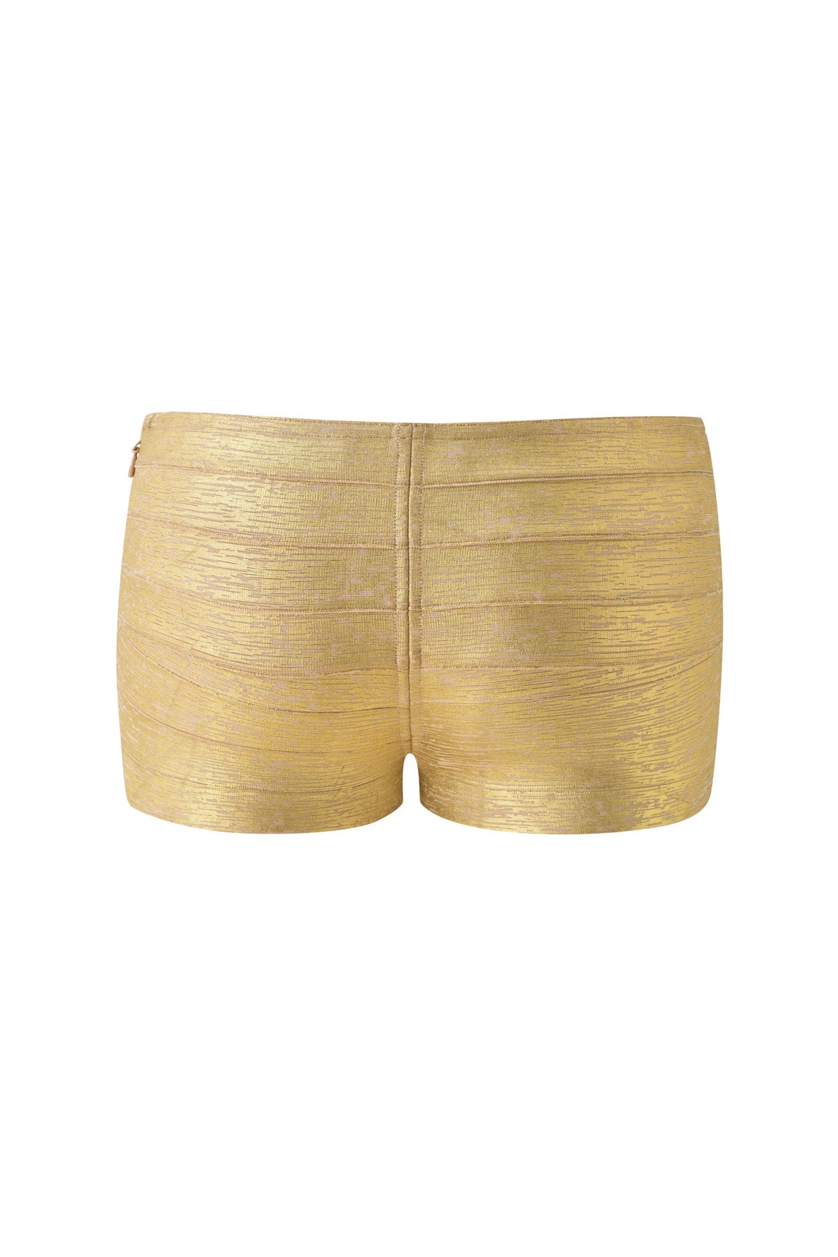 CARMILLA PLATINUM BANDAGE MICRO SHORTS - GOLD in a metallic gold bandage-style with a bodycon fit.