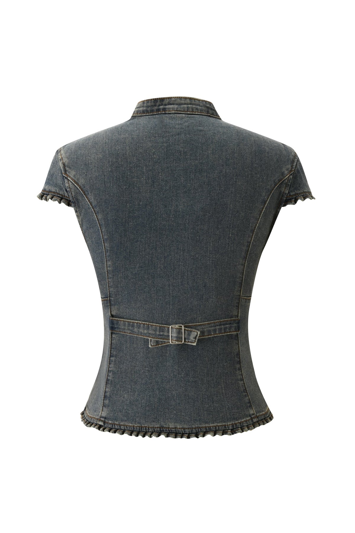Back view of the I.AM.GIA JET DENIM TOP - FADED INDIGO, a short-sleeve fitted blouse inspired by a Jet Military Top, featuring a small waist belt detail and ruffle trim along the sleeves and bottom hem—perfect for standout Y2K looks.