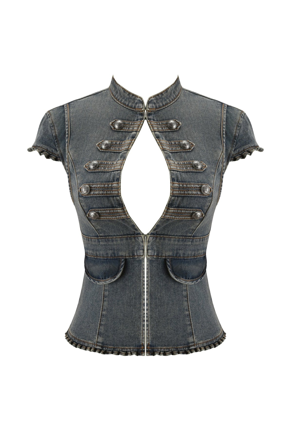 Elevate your Y2K outfits with the JET DENIM TOP - FADED INDIGO from I.AM.GIA—a short-sleeve indigo top featuring a high collar, military-inspired button details, front keyhole cutout, two front pockets, and frayed edges on the sleeves and hem.