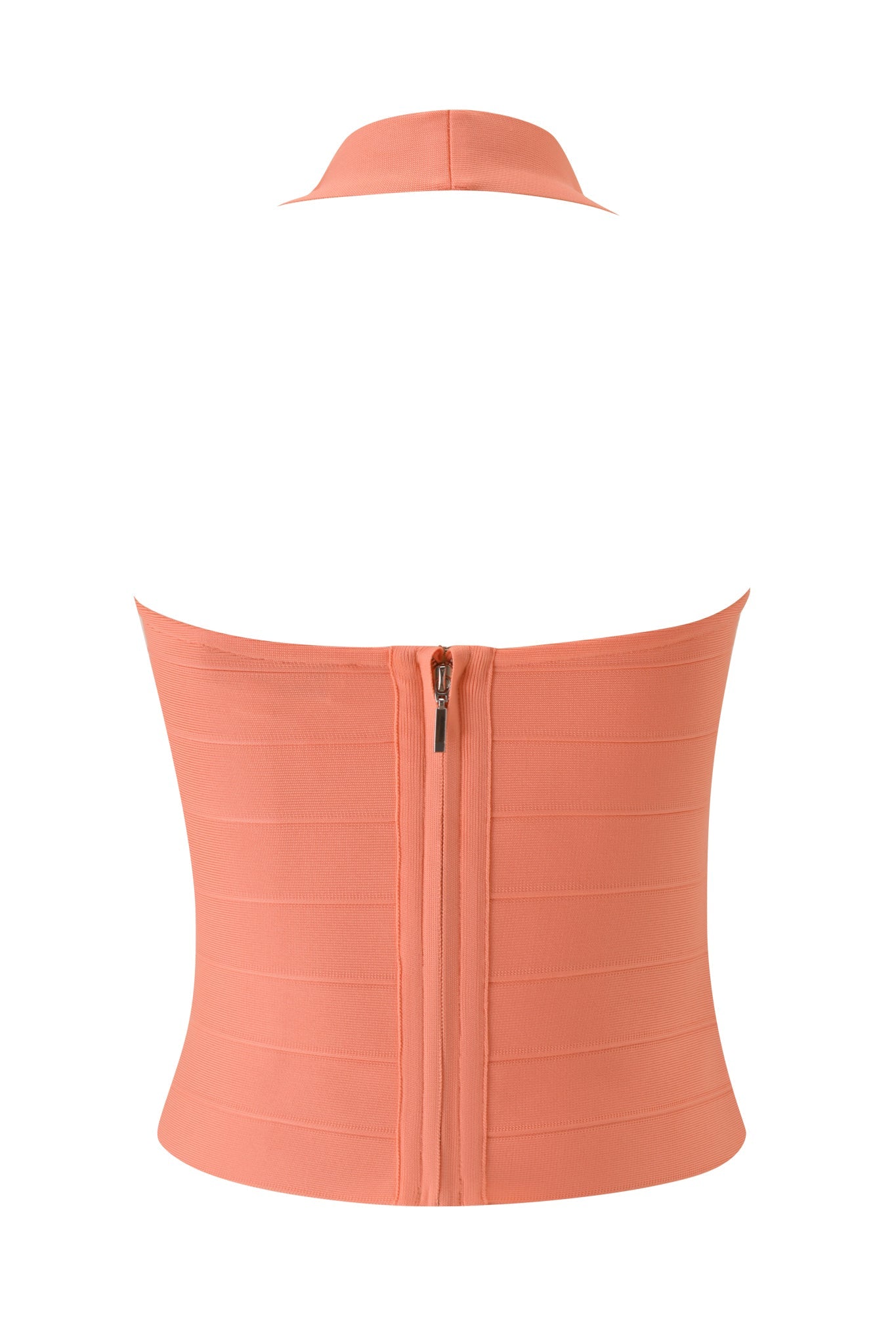 The ROSELLA BANDAGE TOP in Neon Peach by I.AM.GIA is a strapless, bodycon corset top with vertical paneling and a back zipper closure. Featuring a sculpted sweetheart neckline for a flattering fit and paired with a matching choker collar, this standout piece pops against any crisp white backdrop.