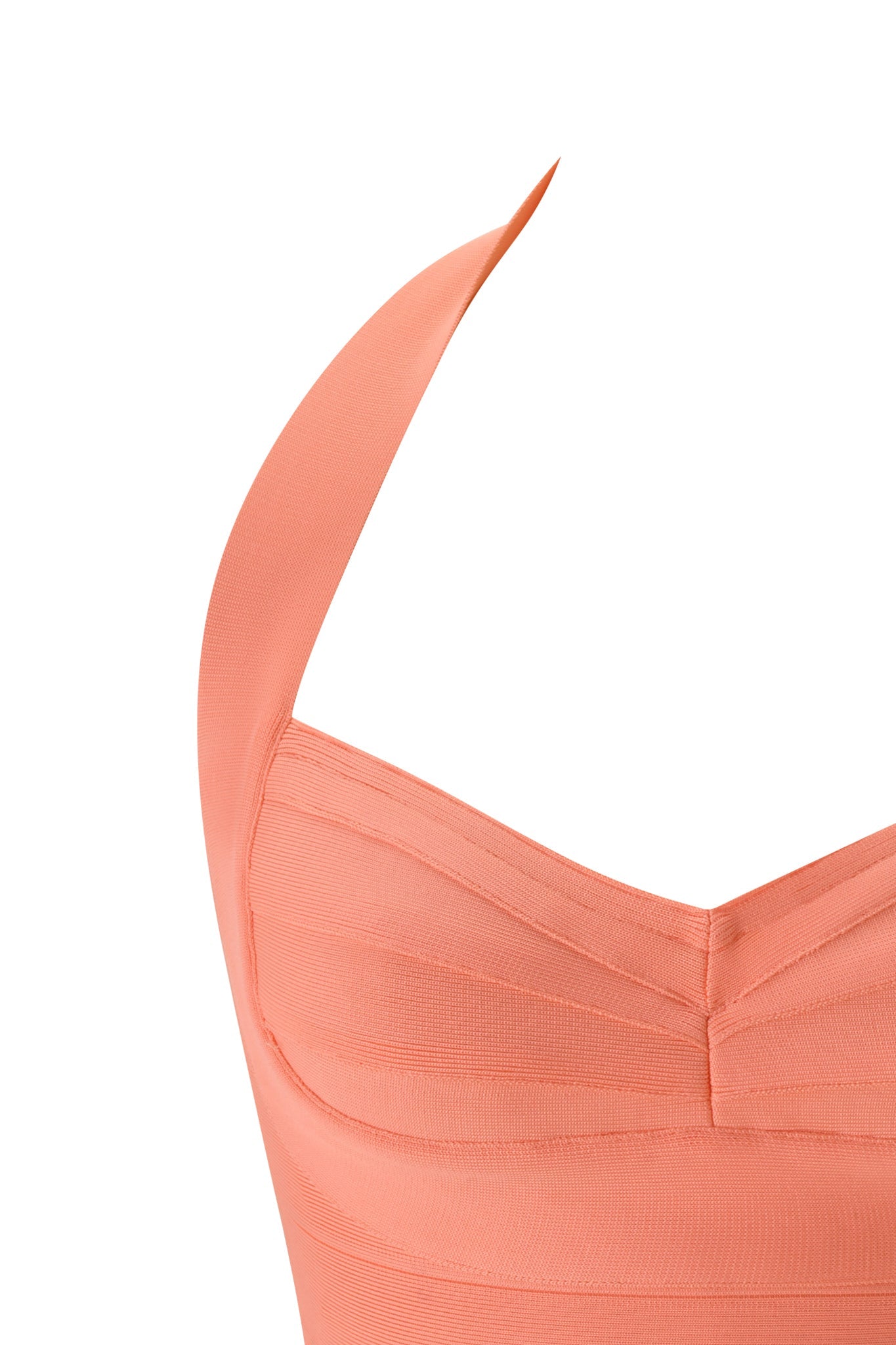 Close-up of the ROSELLA BANDAGE TOP by I.AM.GIA in neon peach, a sleeveless bodycon style with wide straps and visible seam details, featuring a sculpted sweetheart bust, displayed on a white background.