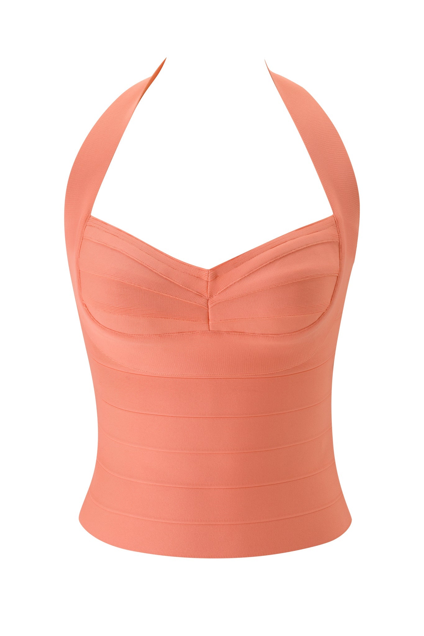 The I.AM.GIA ROSELLA BANDAGE TOP in Neon Peach features a peach-colored bandage halter design with molded, sculpted sweetheart bust detailing and horizontal seam accents, displayed on a plain white background.
