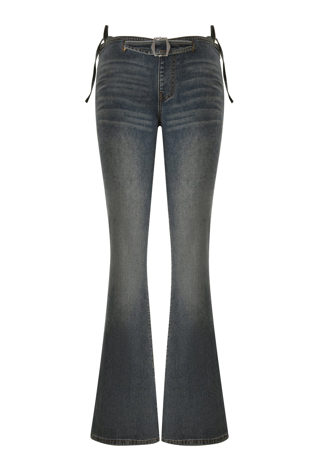 A pair of I.AM.GIA JET G-STRING DENIM PANT - FADED INDIGO featuring a high-waisted, flared silhouette with a faded wash, front belt loops, and distinctive black side-tied belt details, channeling iconic Y2K style and displayed against a white background.