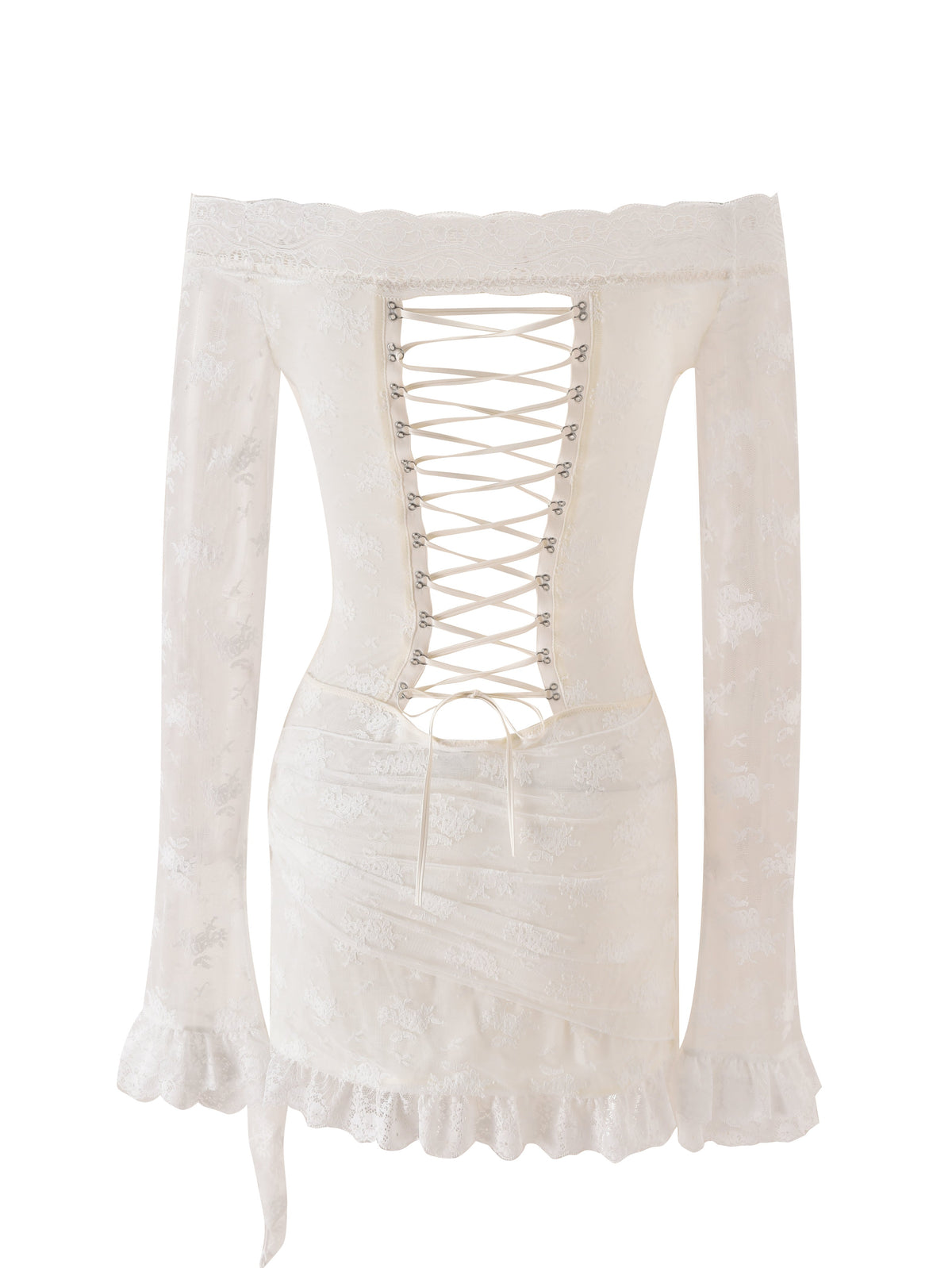 The BONNY MINI DRESS - CREAM by I.AM.GIA is a vintage-inspired off-the-shoulder mini dress featuring white lace, long sleeves with ruffled cuffs and hem, and a crisscross lace-up back detail with silver eyelets—ideal for bringing timeless elegance to any occasion.