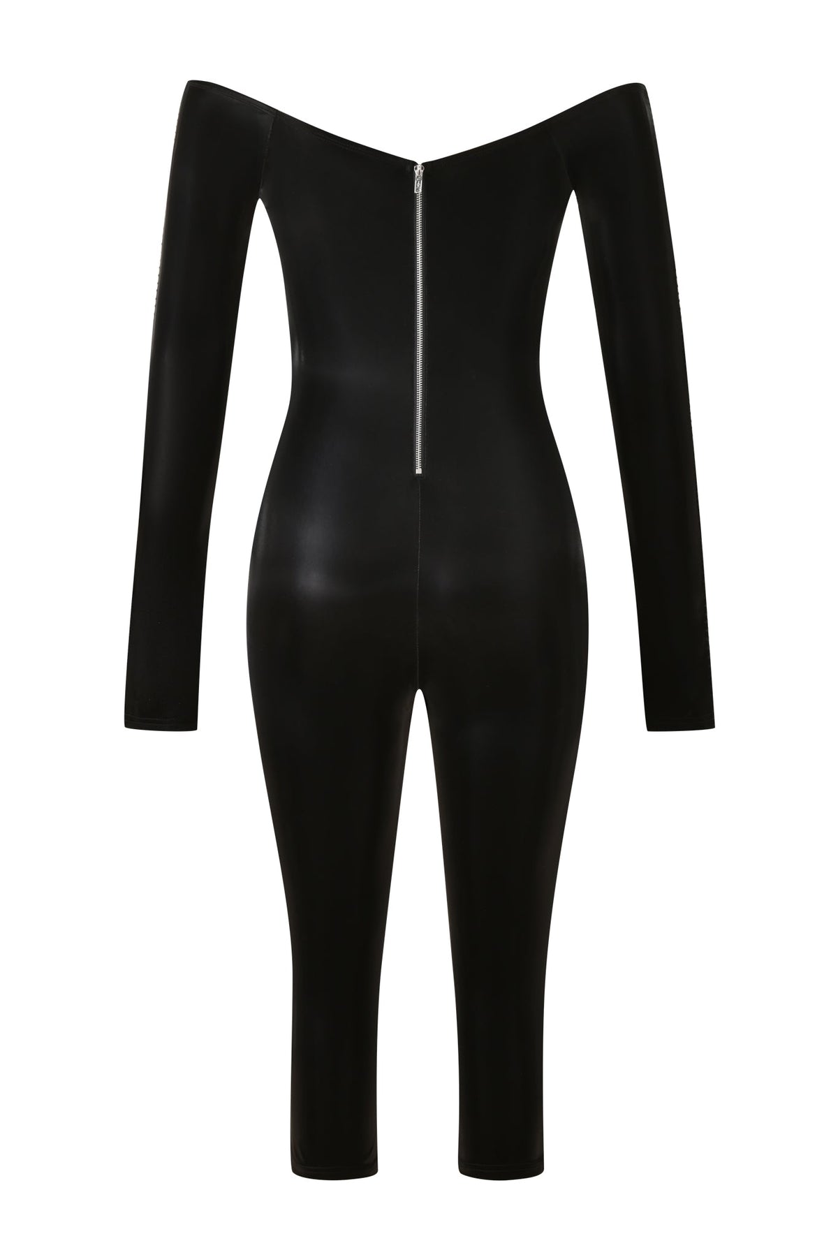 KLARA OFF SHOULDER CATSUIT - METALLIC BLACK in stretch PU with an off-the-shoulder neckline, long sleeves, and a center-back silver zipper.
