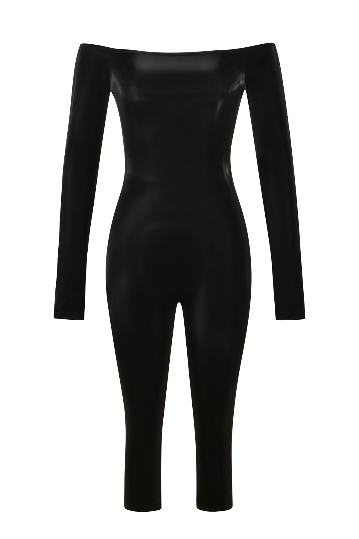 KLARA OFF SHOULDER CATSUIT - METALLIC BLACK in stretch PU with long sleeves.