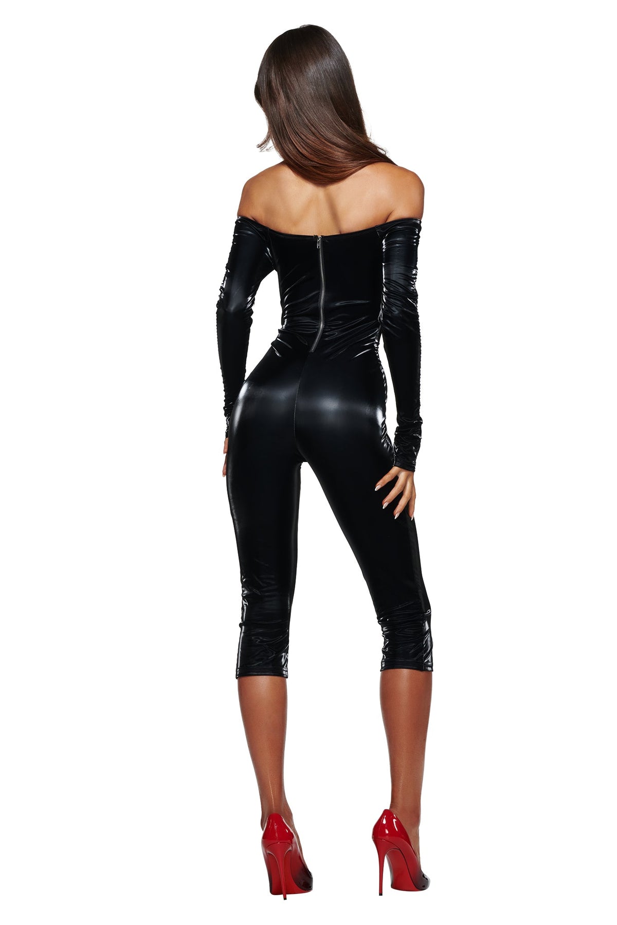 Back view of a person wearing a metallic black KLARA OFF SHOULDER CATSUIT with an off-the-shoulder neckline, cropped legs, a zipper down the back, and red high heels.