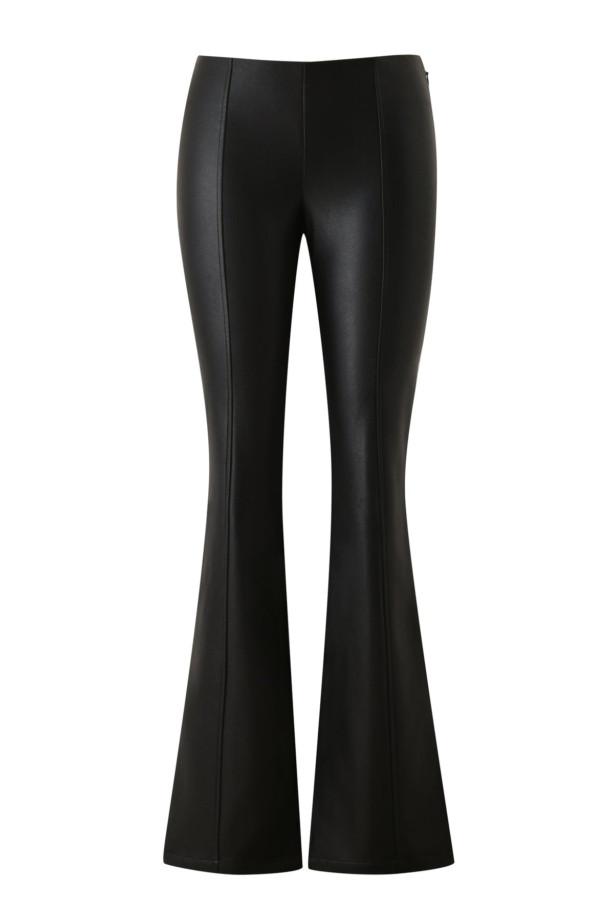 The DUA PU PANT - BLACK by I.AM.GIA is showcased against a white background, featuring black faux leather with decorative piping, front seam detailing, and a chic flared leg silhouette.