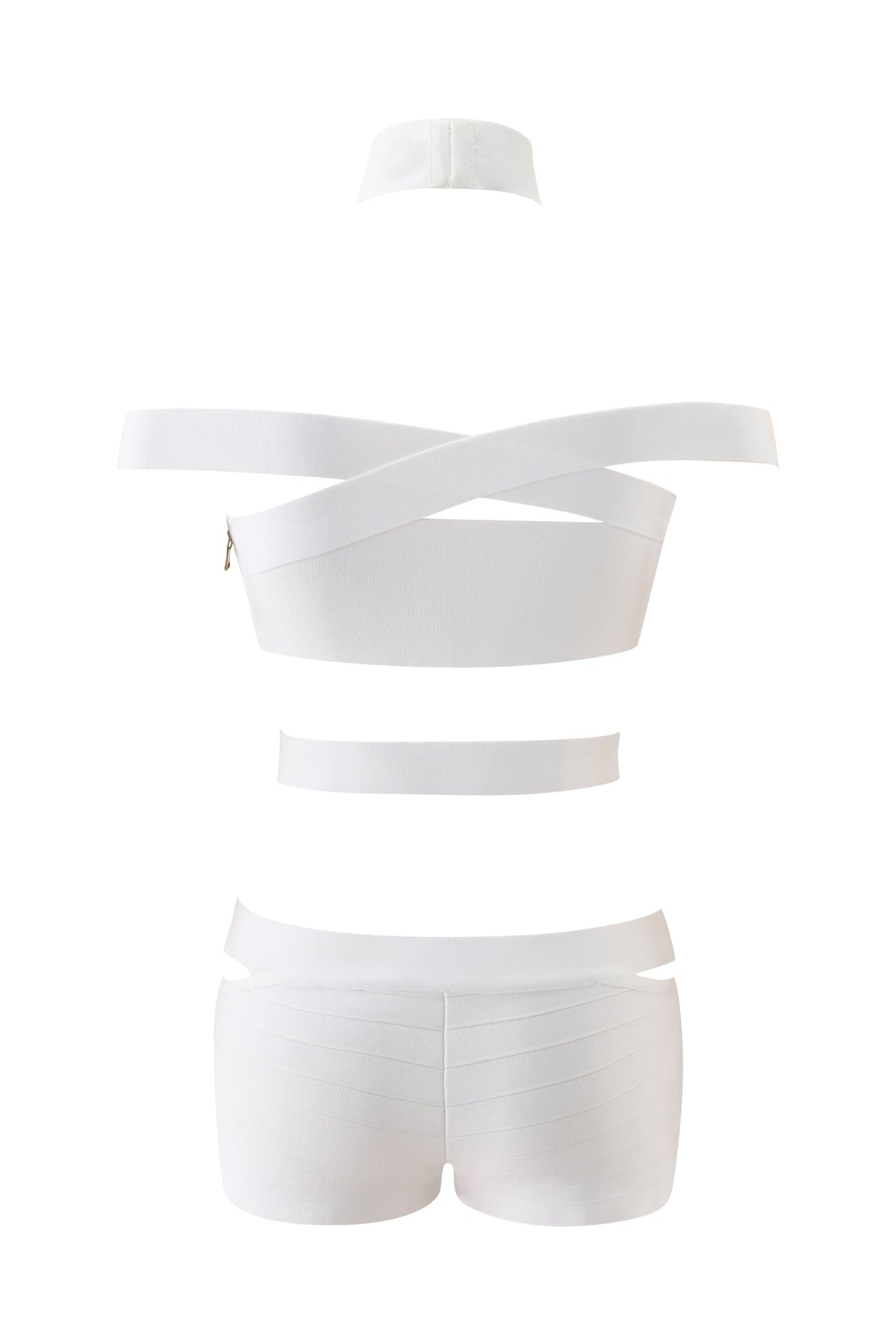 The I.AM.GIA QUINTA BANDAGE PLAYSUIT in white features a futuristic, sci-fi-inspired design with a choker neckline, criss-cross top, midriff band, and high-waisted bottoms—an ideal statement piece for Halloween parties. All components are displayed individually on a white background.