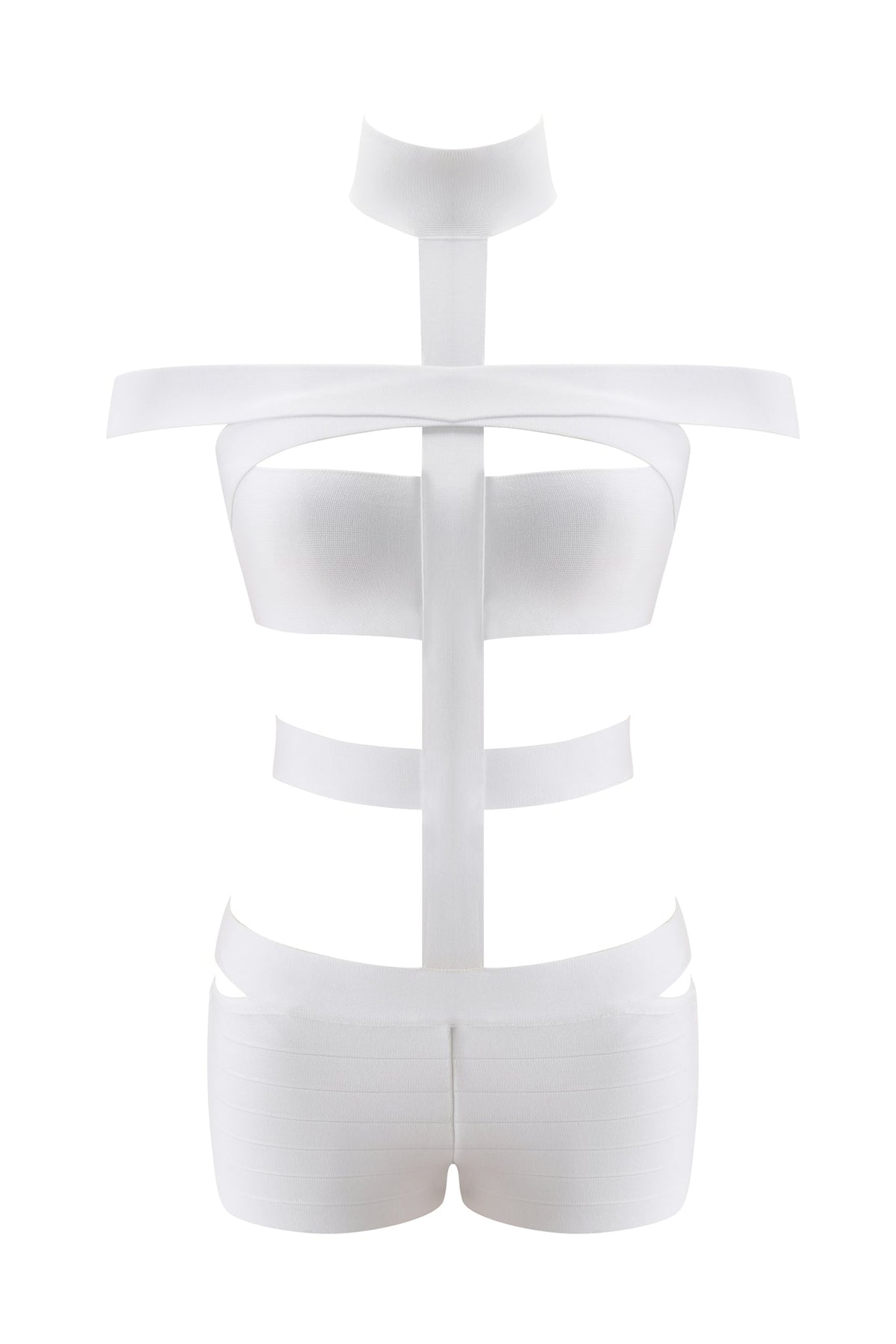 The QUINTA BANDAGE PLAYSUIT - WHITE by I.AM.GIA, featuring a white strappy design with a choker collar, horizontal and vertical bands, an open back, and high-waisted bottoms, is displayed on a white background.