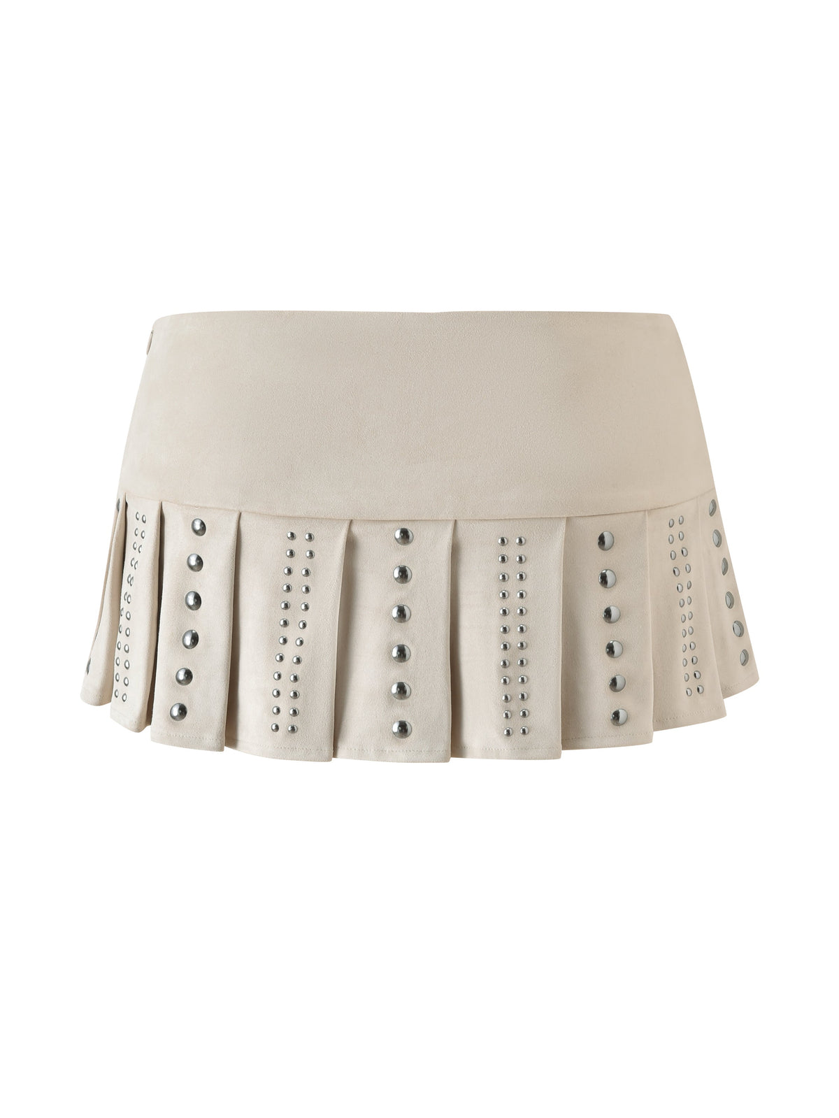 The I.AM.GIA VEYGA STUDDED MINI SKORT in cream is a chic, low-rise mini skort featuring a pleated overlay and silver studs arranged in vertical lines across the front.