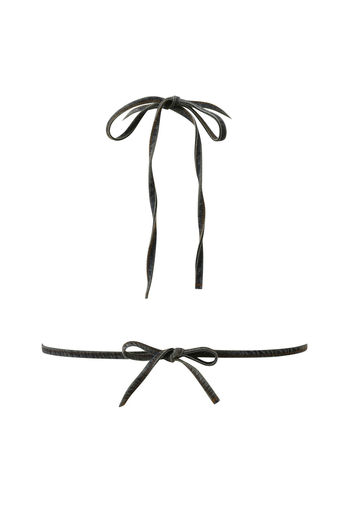 The JET TRIANGLE TOP in FADED INDIGO by I.AM.GIA is a minimalist bikini top featuring thin, dark adjustable straps tied in neat bows at the neck and back, shown on a white background. Its adjustable design ensures a perfect fit for every silhouette.