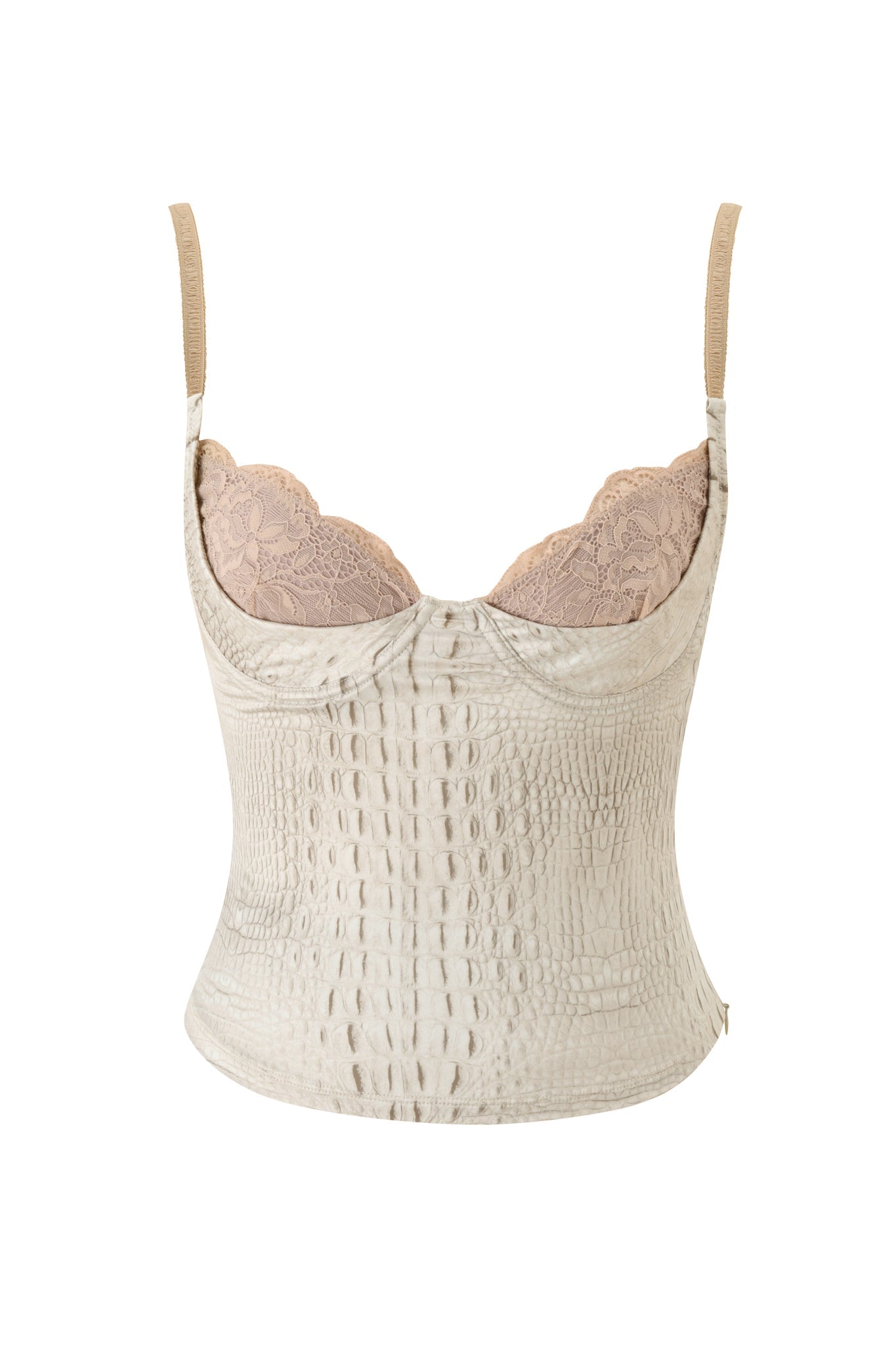 Introducing the CASSY CORSET - HOT CROC by I.AM.GIA: a beige corset top featuring a subtle crocodile skin texture, thin straps, and lace-trimmed underwire bust cups. This fitted, structured piece is designed to offer a chic and contemporary style.