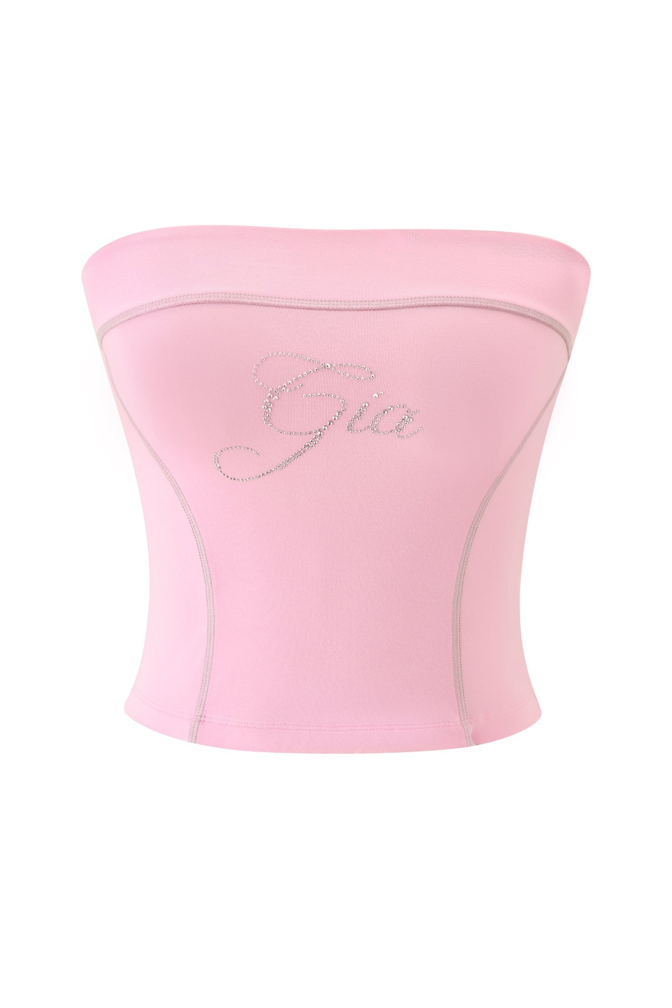 A baby pink BLARE DIAMONTE BOOB TUBE from I.AM.GIA, strapless with “Gia” spelled in rhinestones across the front and light gray seam detailing.