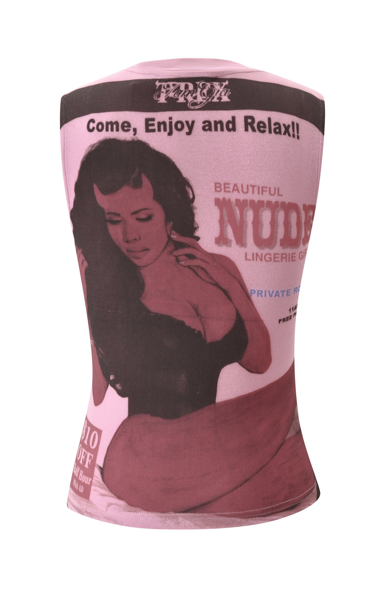 The I.AM.GIA T-REX COURTNEY TANK - PINK is a sleeveless muscle tank in baby pink, featuring vintage-style artwork of a woman in lingerie, with bold text reading “Come, Enjoy and Relax!!” and “BEAUTIFUL NUDE LINGERIE GIRL,” alongside other decorative details that make this graphic piece truly stand out.